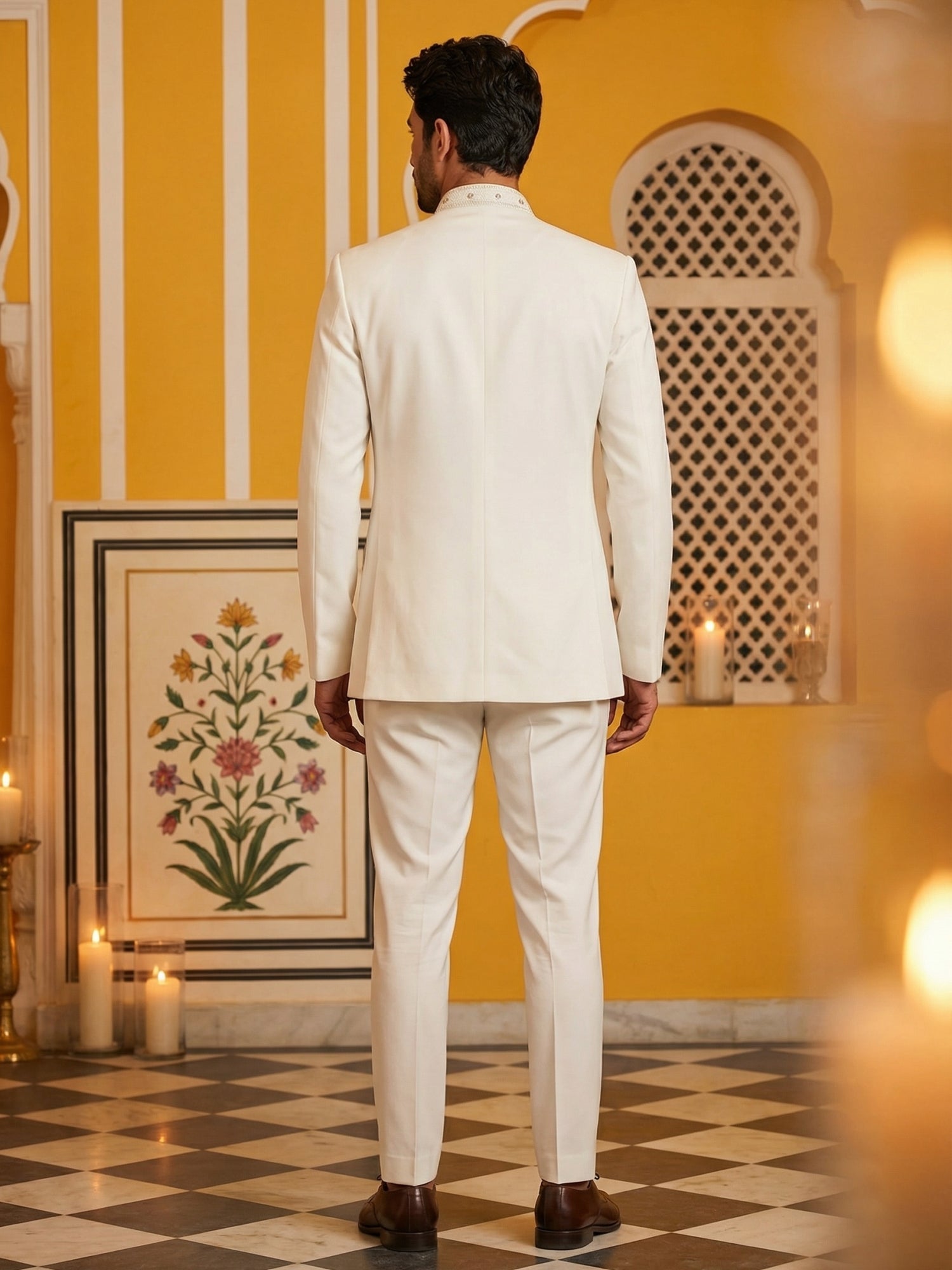 DesiQlo Men Embroidered Indo Western Set - Beige - 50JIND_160Cream_S