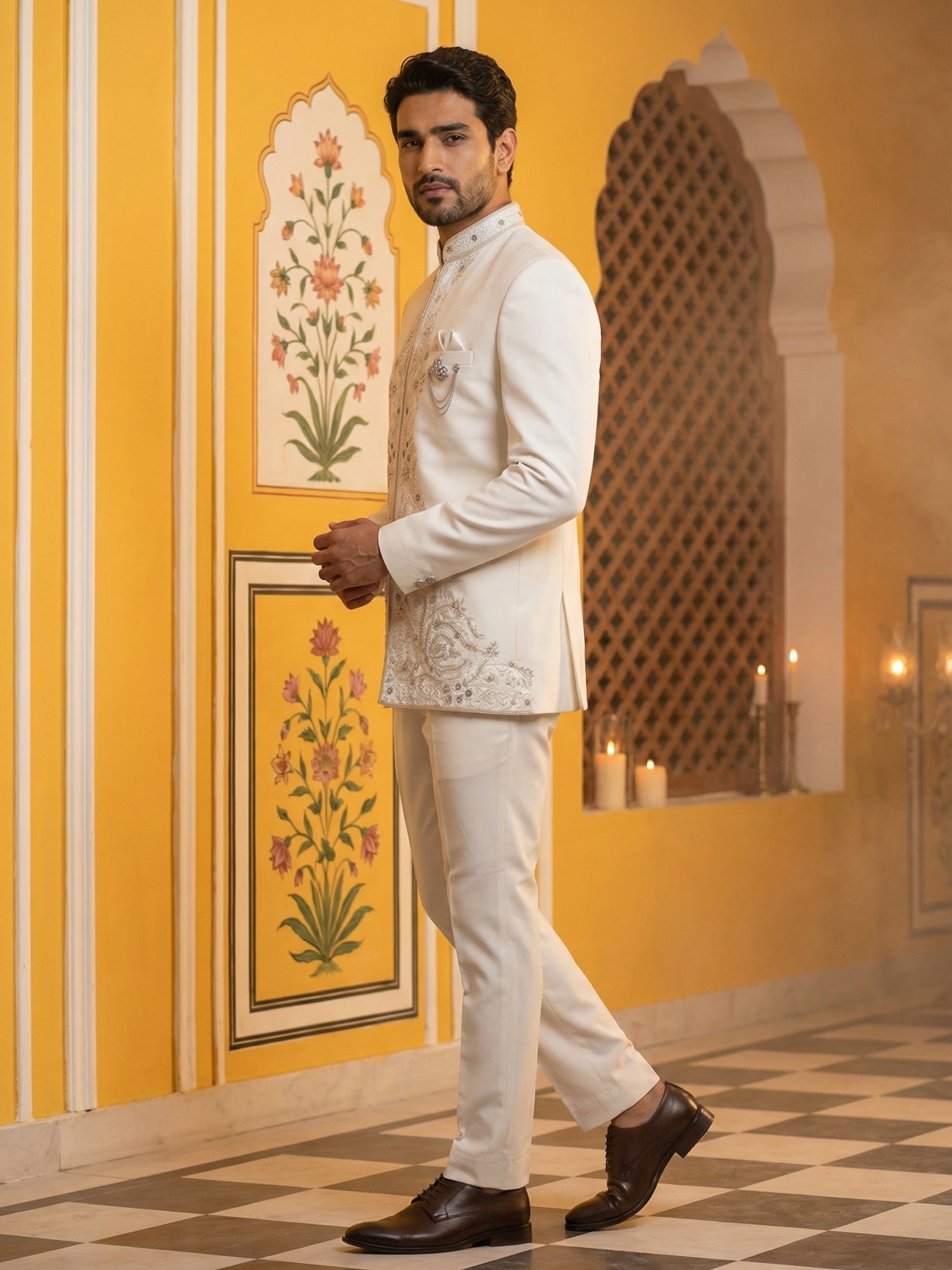 DesiQlo Men Embroidered Indo Western Set - Beige - 50JIND_160Cream_S