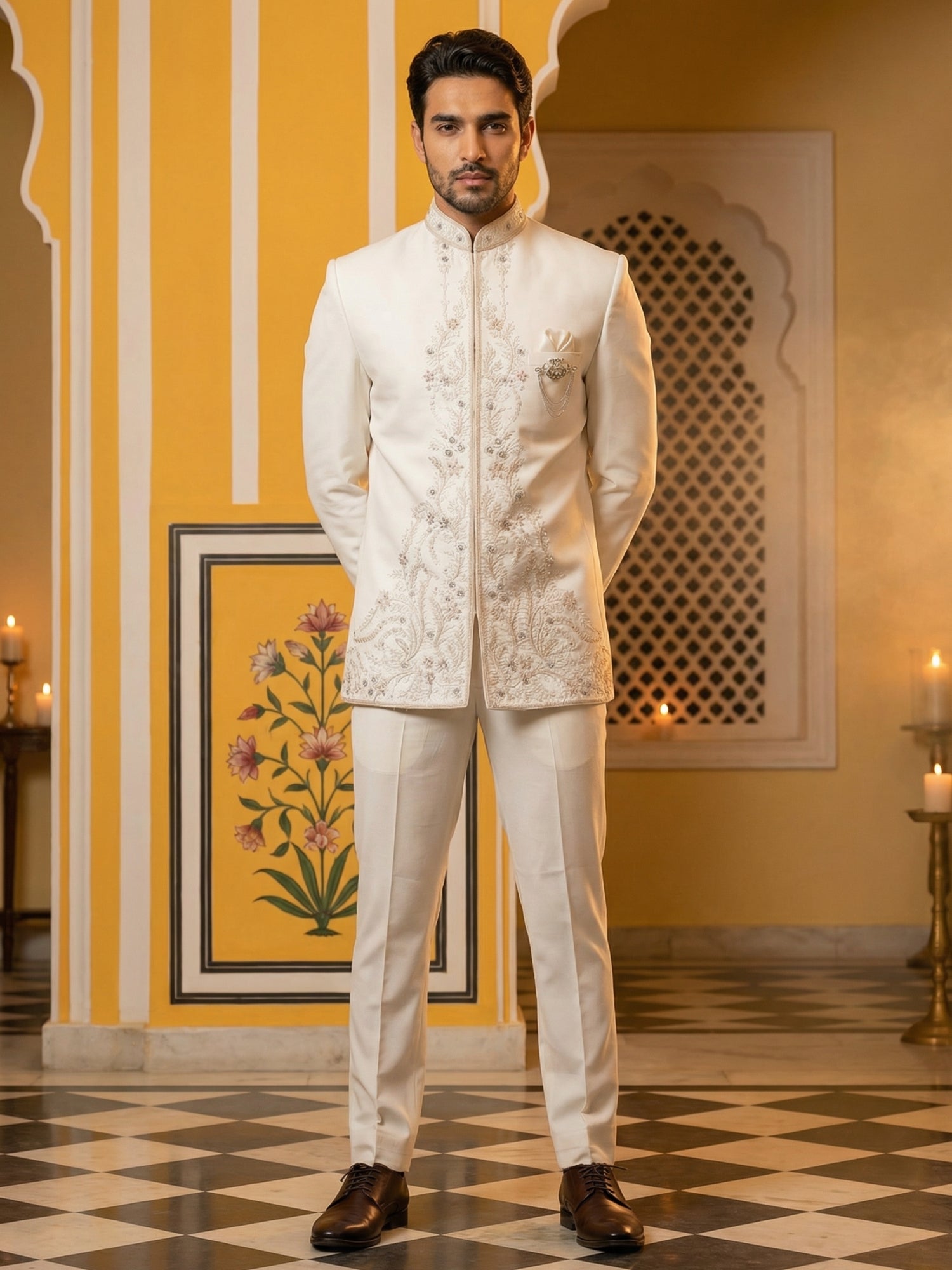 DesiQlo Men Embroidered Indo Western Set - Beige - 50JIND_160Cream_S
