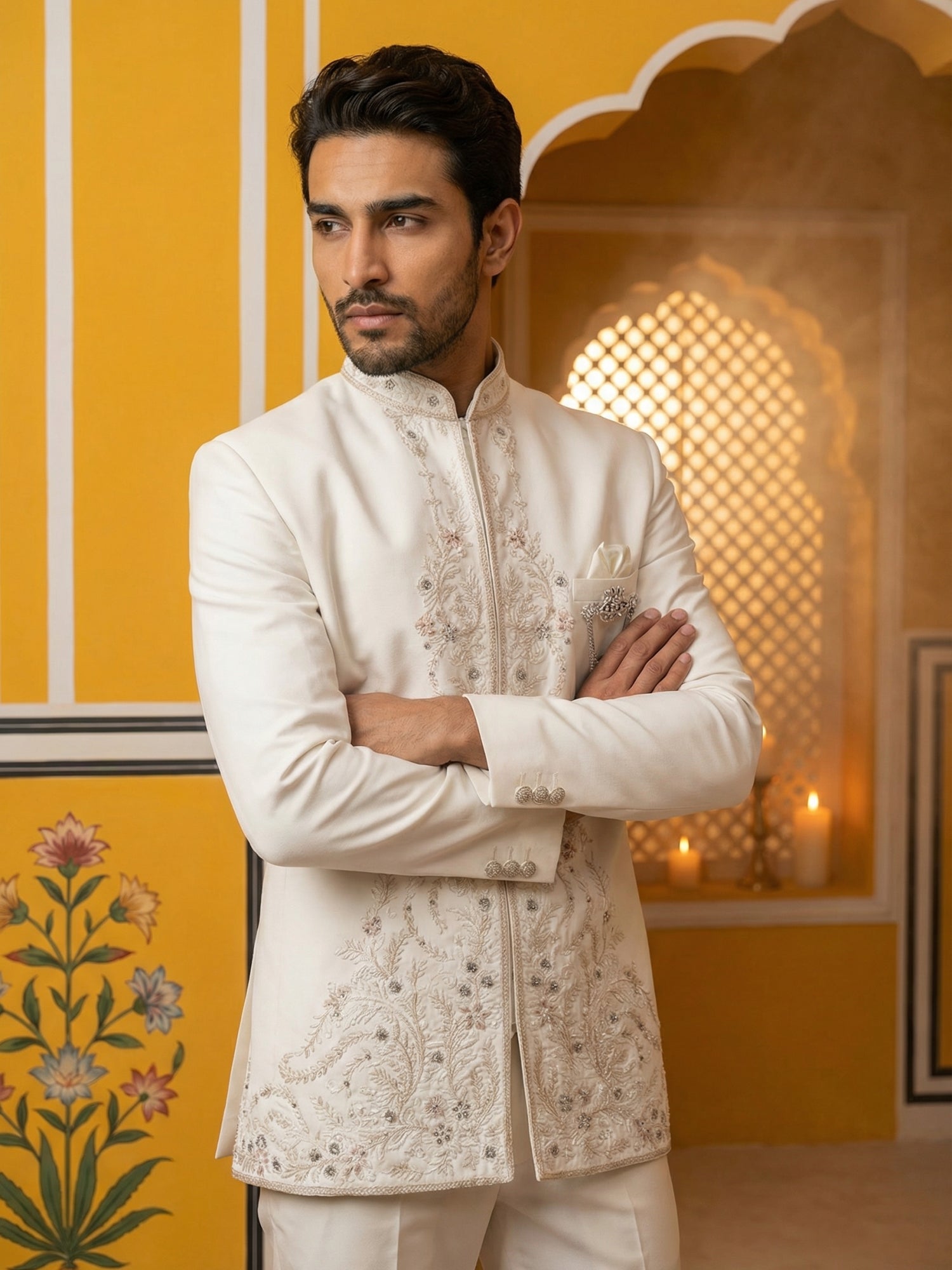 DesiQlo Men Embroidered Indo Western Set - Beige - 50JIND_160Cream_S