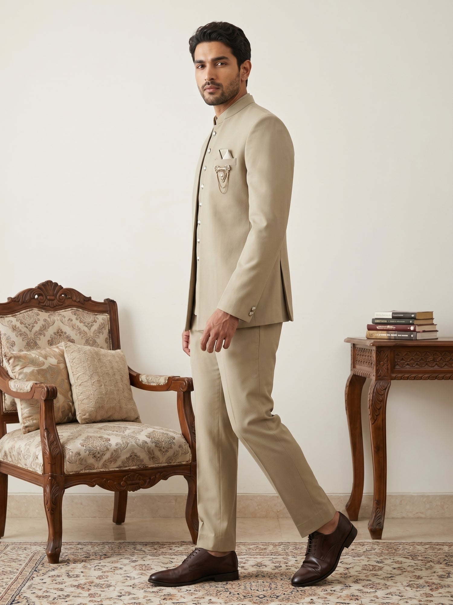 DesiQlo Men Solid Indo Western Set - Beige