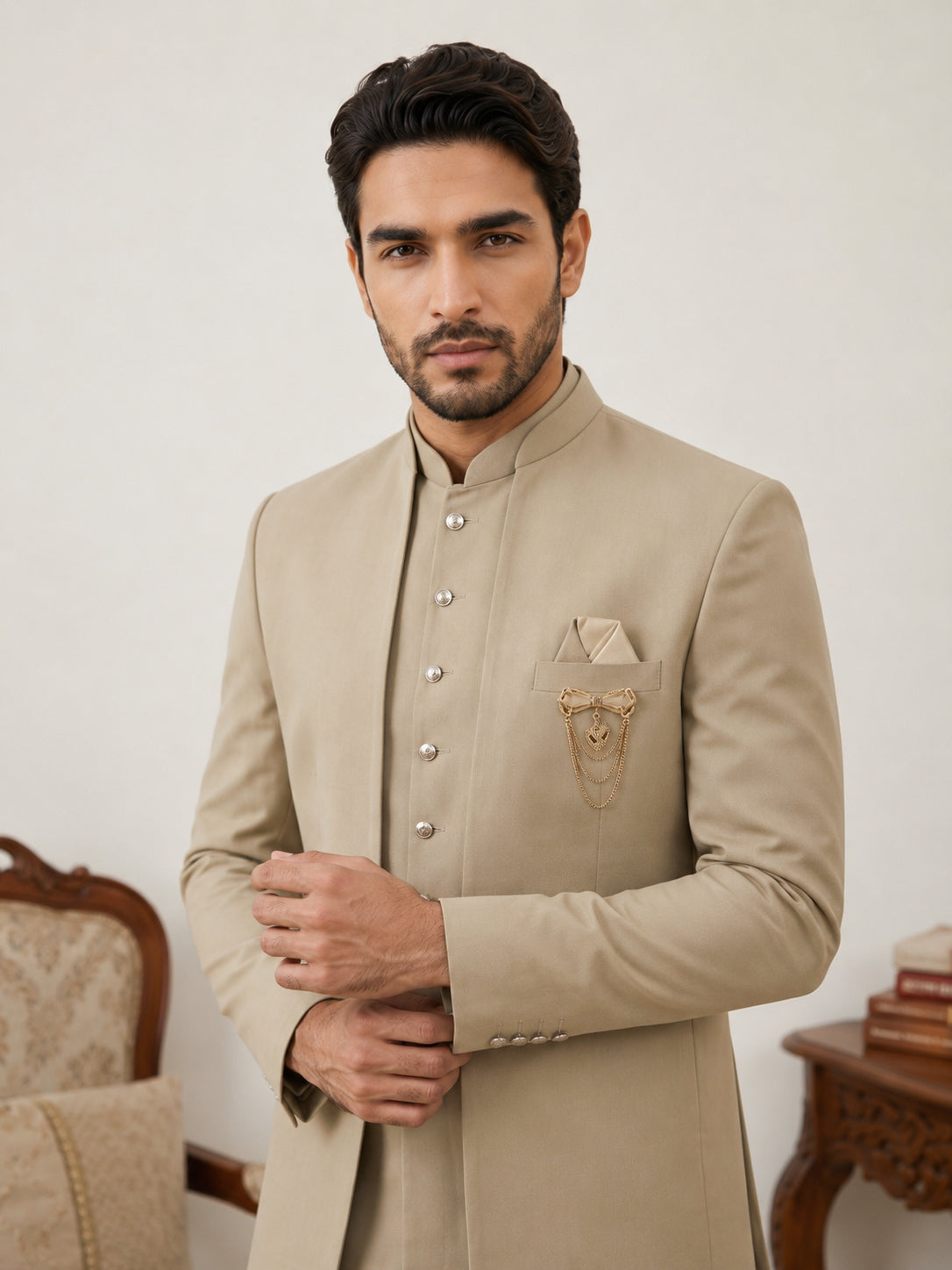DesiQlo Men Solid Indo Western Set - Beige