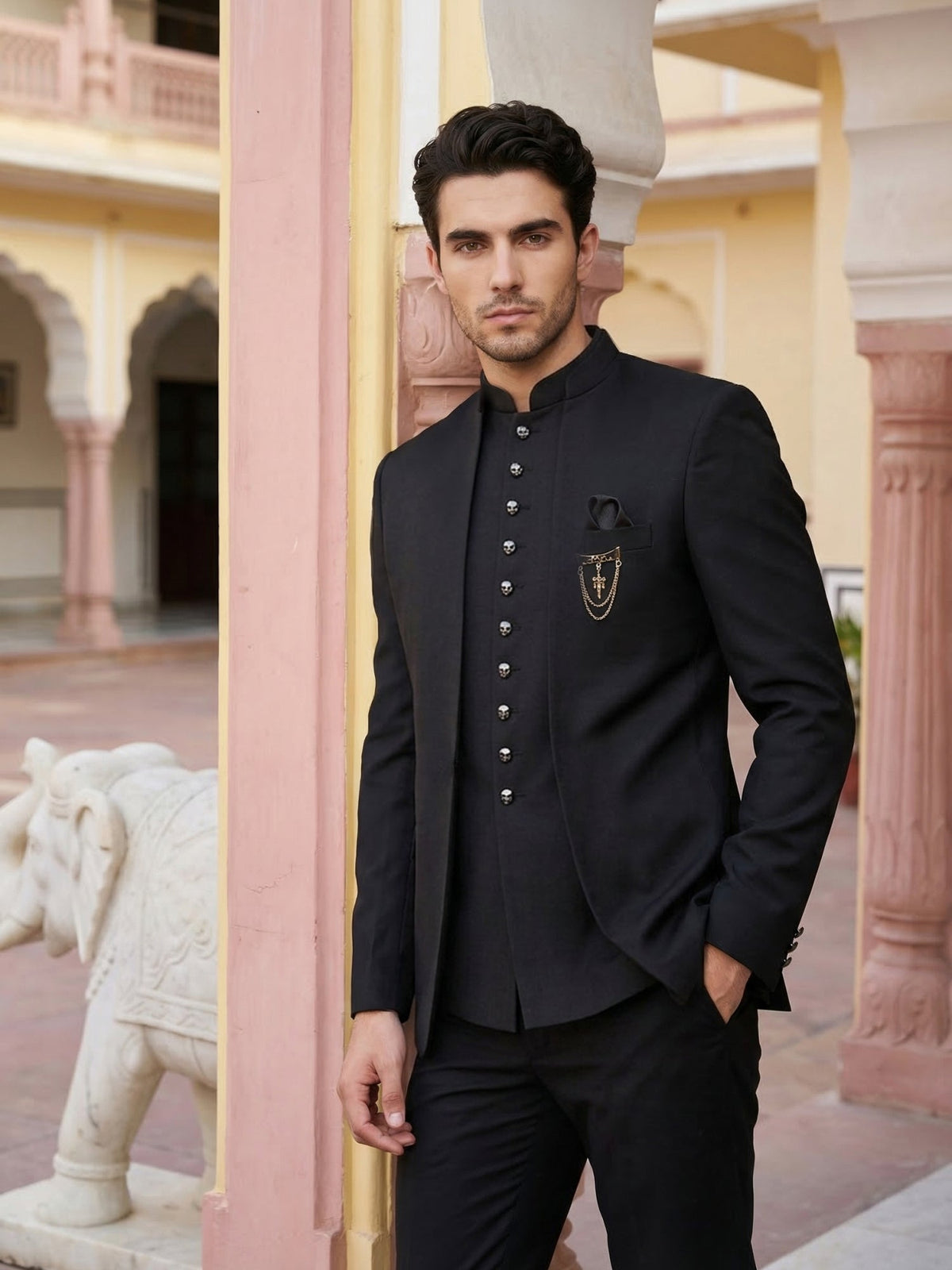 Cotton Blend Solid Indo-Western Set ( 50JIND 161Black S )