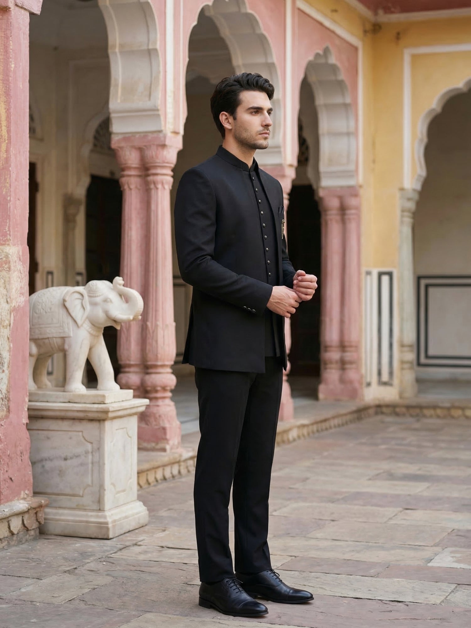 DesiQlo Men Solid Indo Western Set - Black - 50JIND_161Black_S
