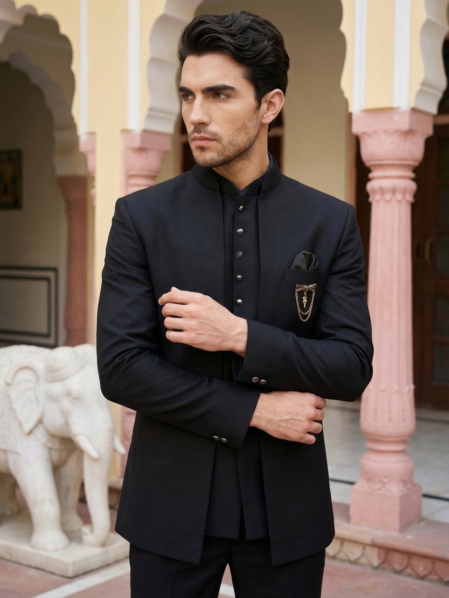 DesiQlo Men Solid Indo Western Set - Black - 50JIND_161Black_S