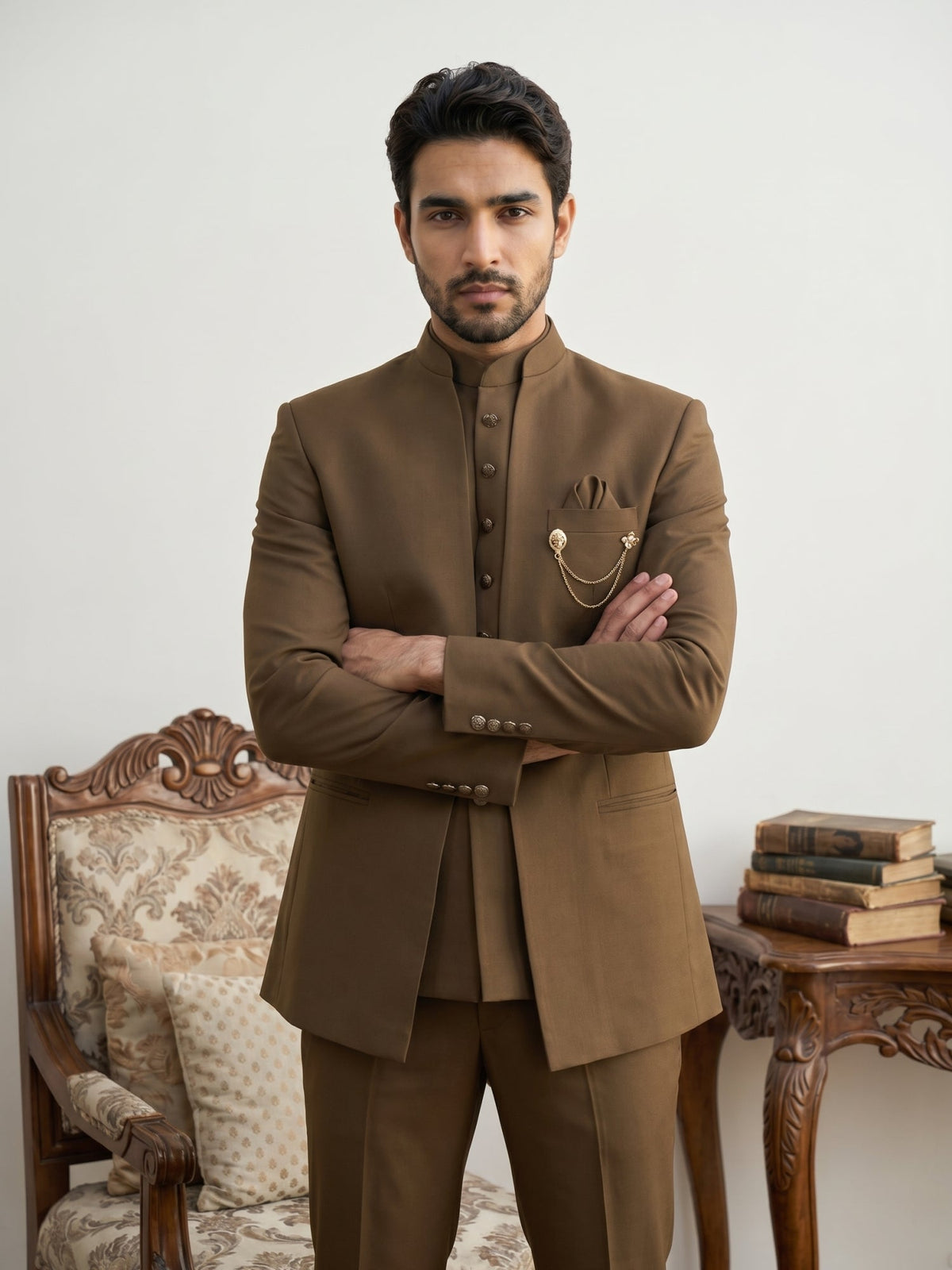 Cotton Blend Solid Indo-Western Set ( 50JIND 161D-Brown )