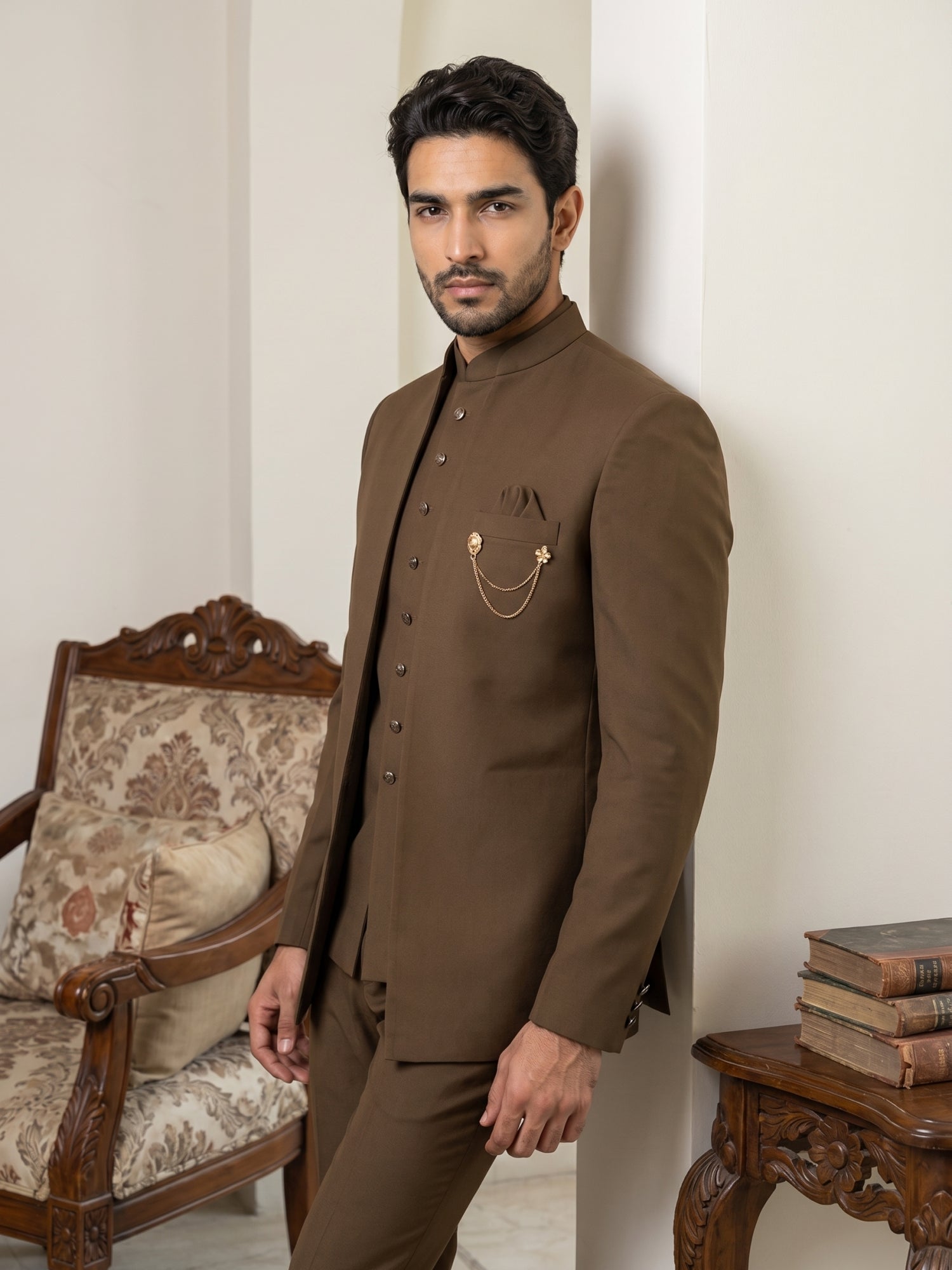 DesiQlo Men Solid Indo Western Set - Multicolor - 50JIND_161D-Brown_S