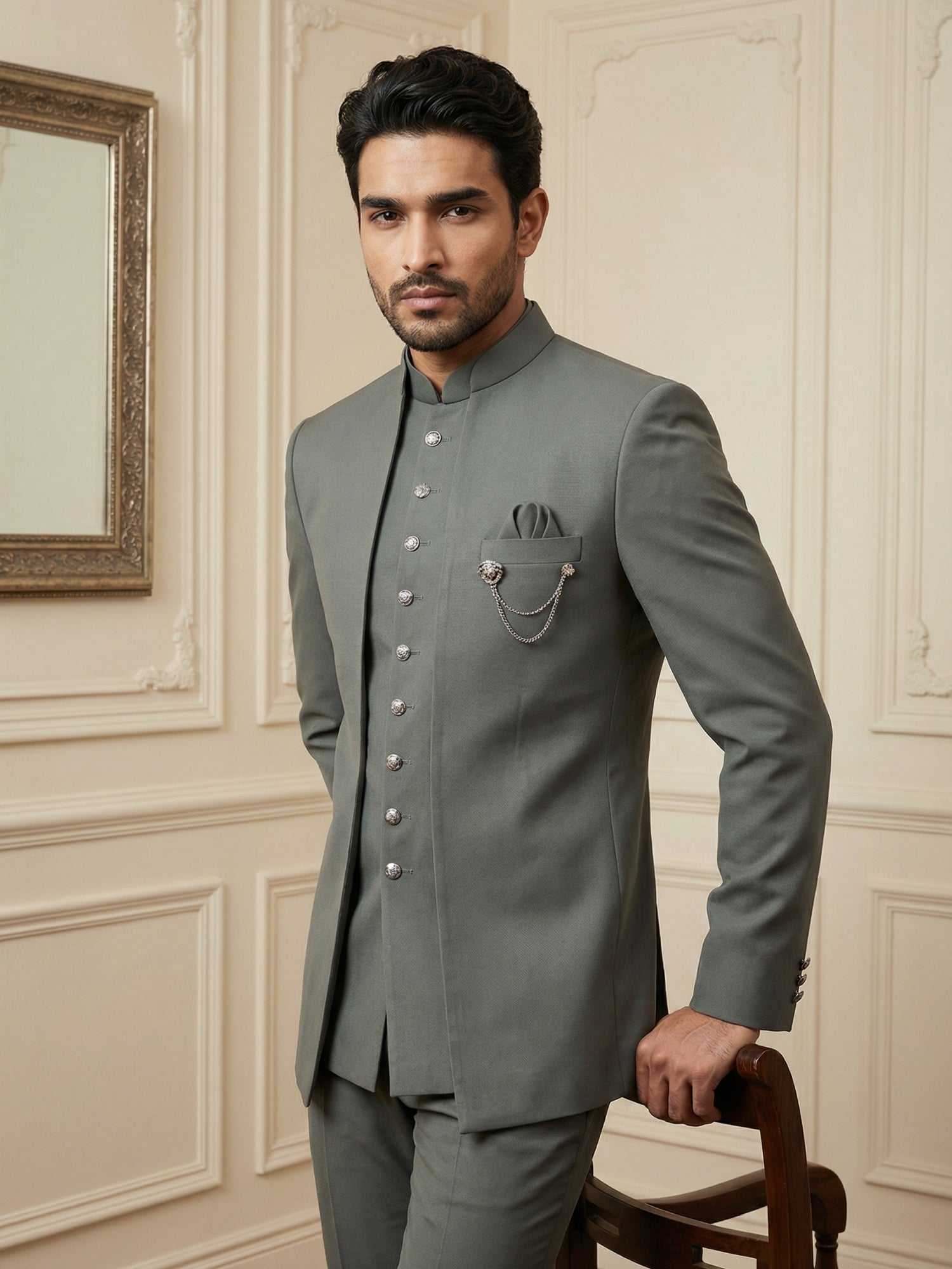 DesiQlo Men Solid Indo Western Set - Grey
