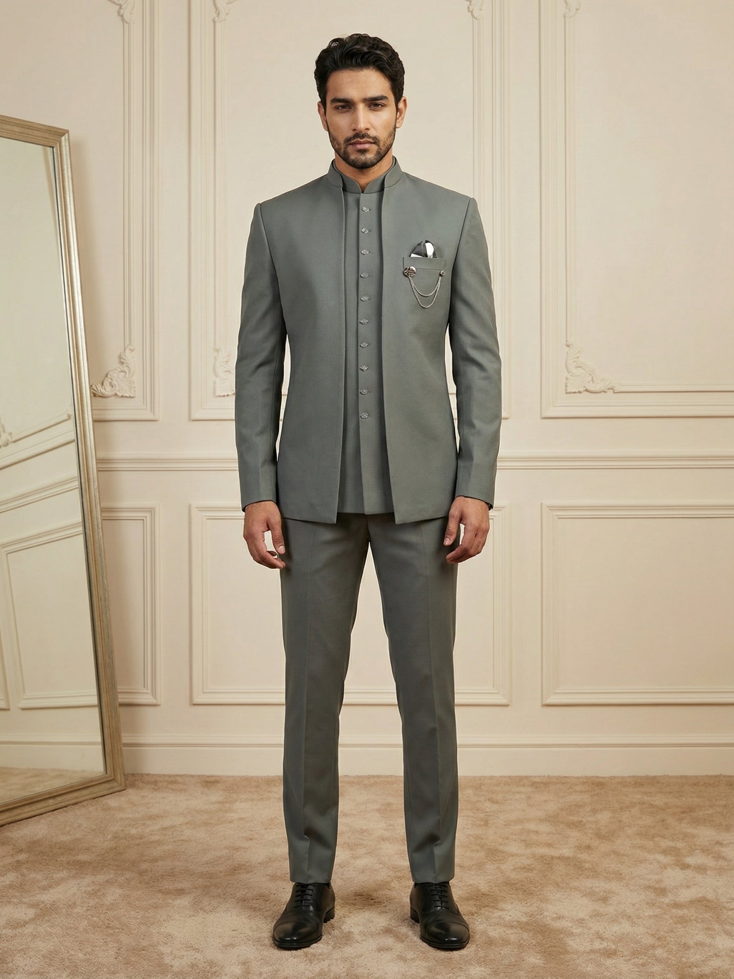 DesiQlo Men Solid Indo Western Set - Grey