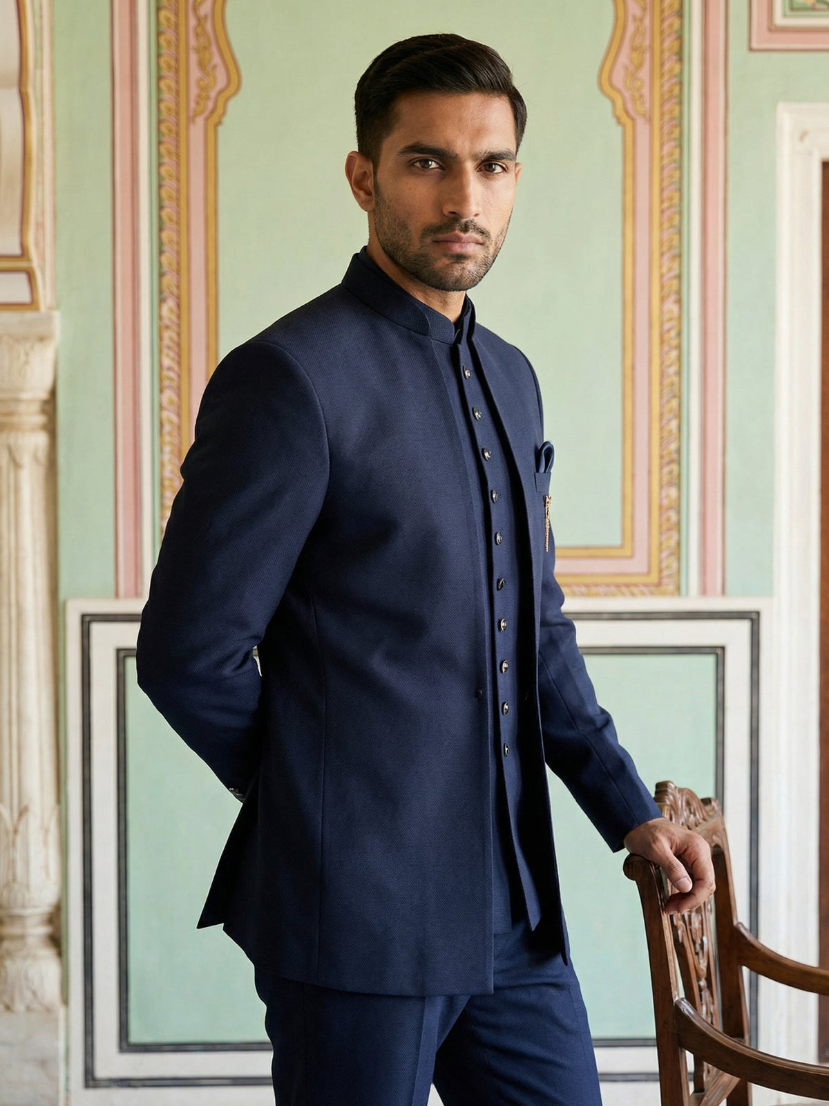 Cotton Blend Solid Indo-Western Set ( 50JIND 161Navy S )