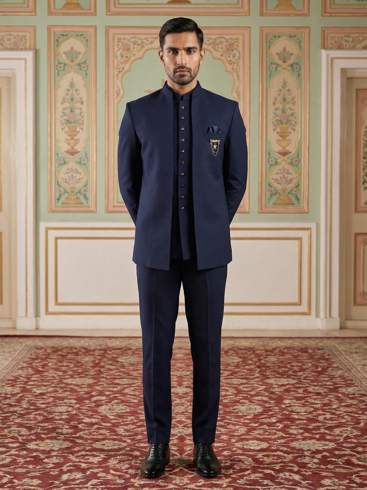 DesiQlo Men Solid Indo Western Set - Blue - 50JIND_161Navy_S