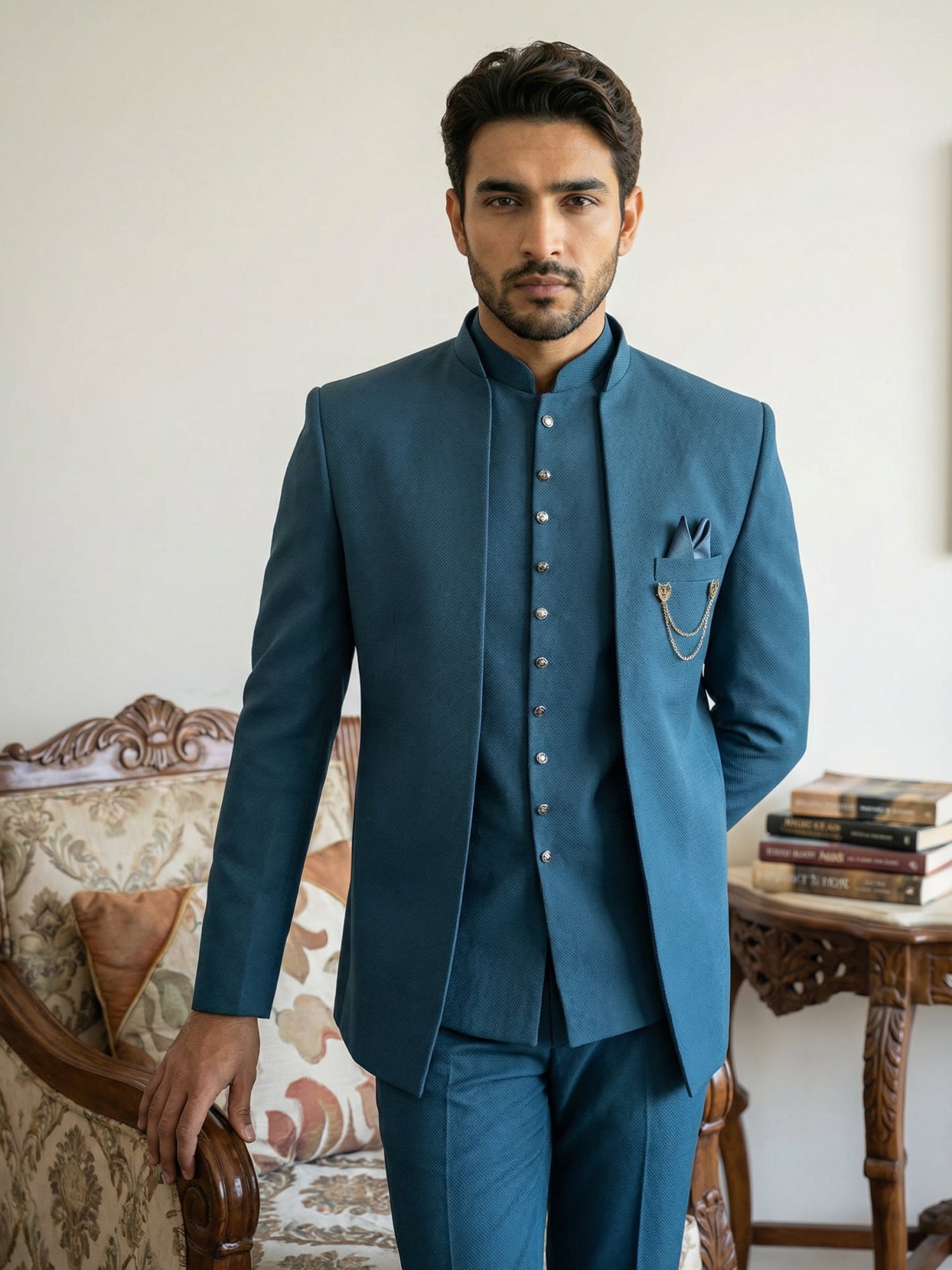 DesiQlo Men Solid Indo Western Set - Multicolor - 50JIND_161Peacock_S
