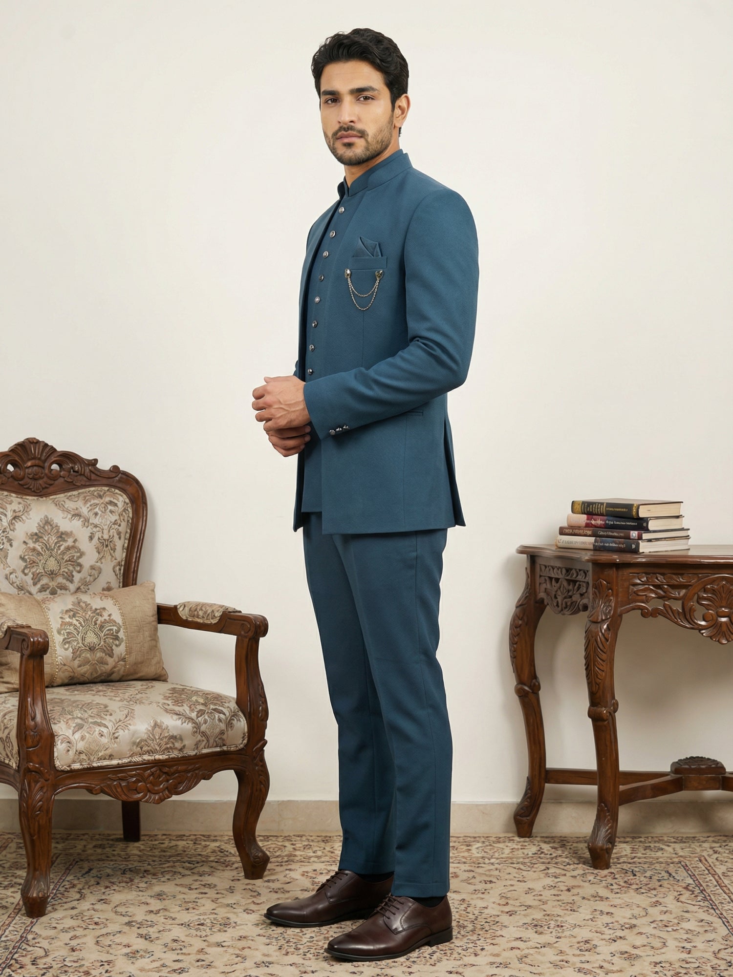 DesiQlo Men Solid Indo Western Set - Multicolor - 50JIND_161Peacock_S