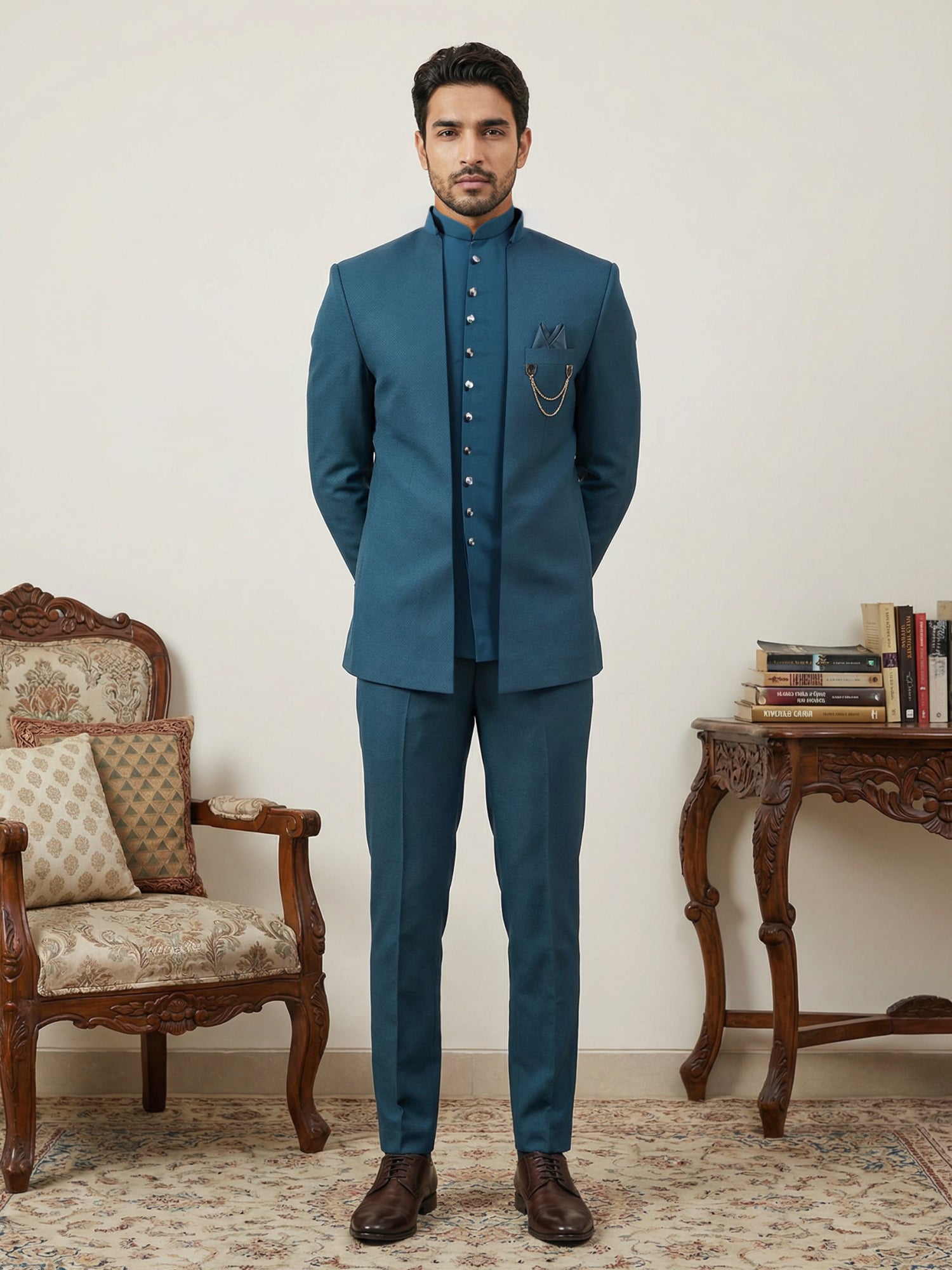 DesiQlo Men Solid Indo Western Set - Multicolor - 50JIND_161Peacock_S