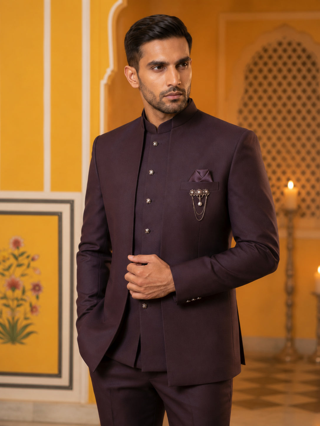 DesiQlo Men Solid Indo Western Set - Purple