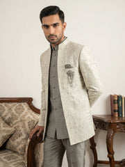 Silk Blend Woven Design Indo-Western Set ( 50JIND 162Cream S )