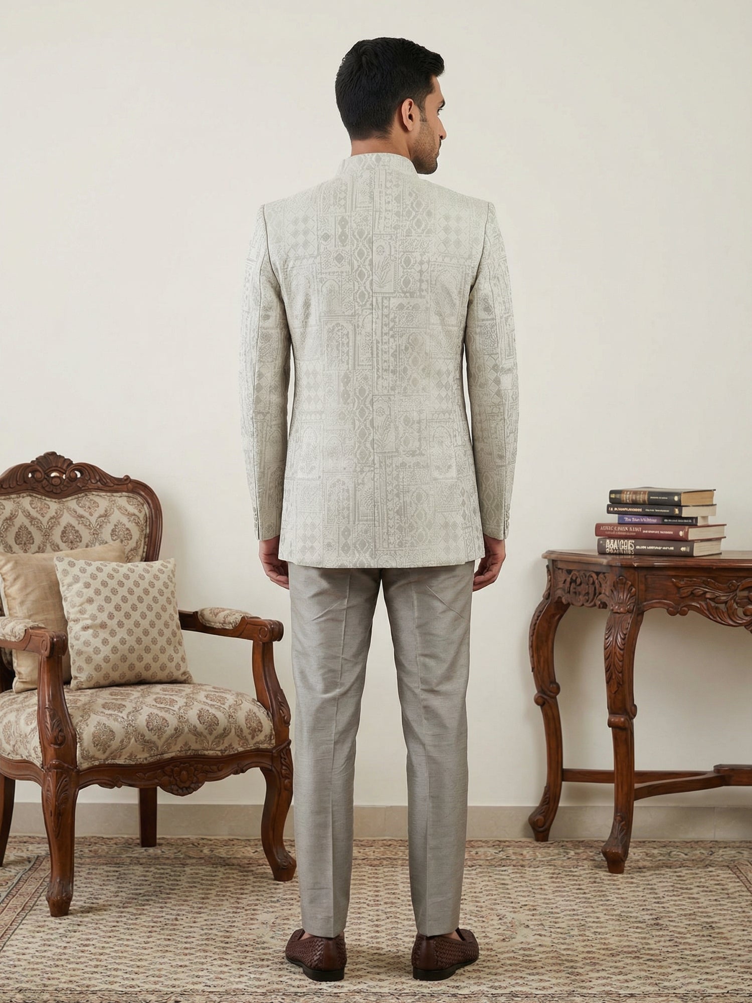 DesiQlo Men Self Design Indo Western Set - Beige - 50JIND_162Cream_S