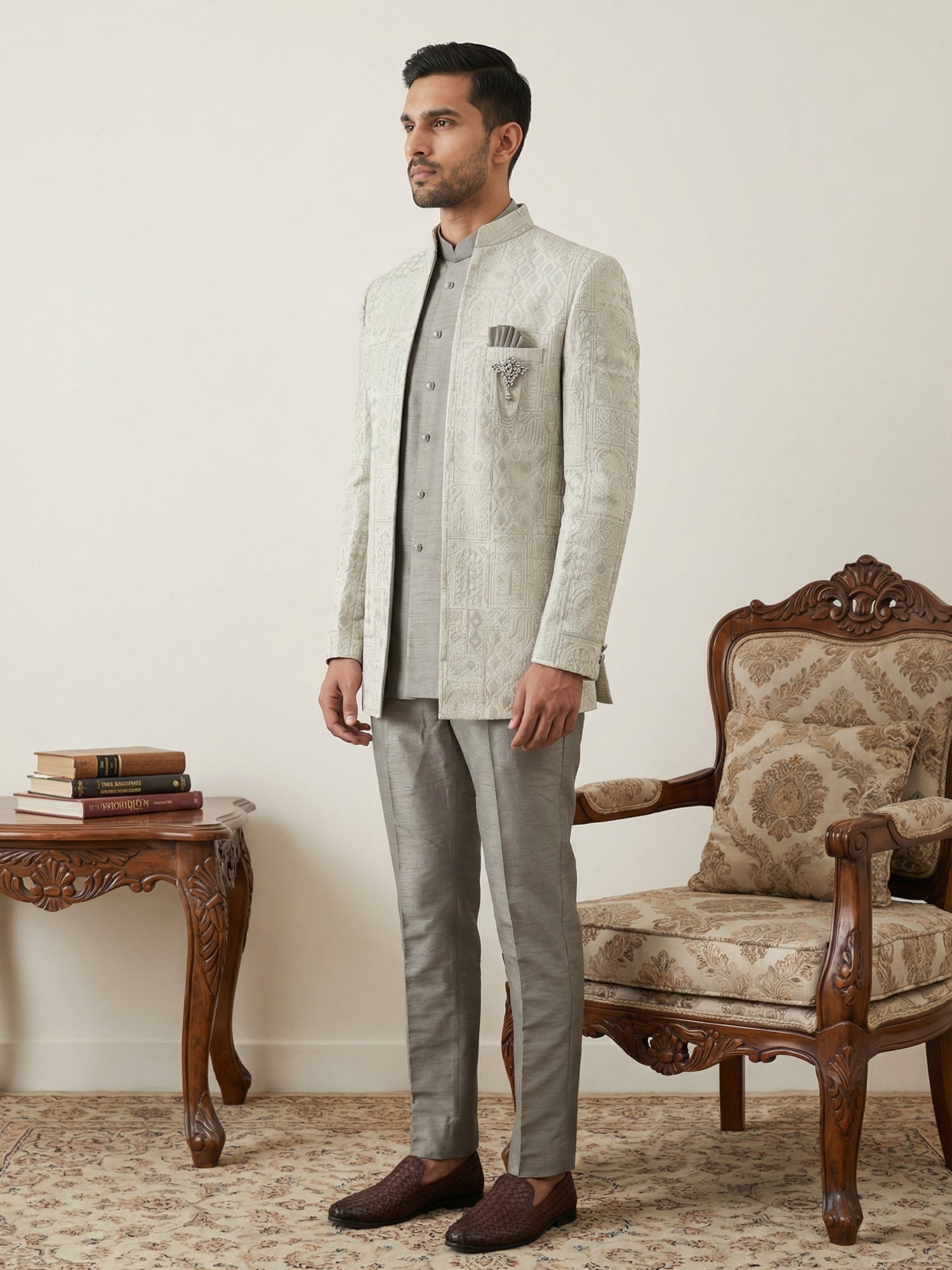DesiQlo Men Self Design Indo Western Set - Beige - 50JIND_162Cream_S