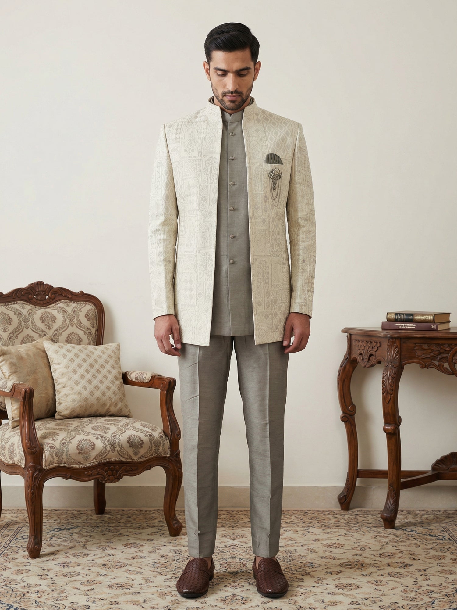 DesiQlo Men Self Design Indo Western Set - Beige - 50JIND_162Cream_S