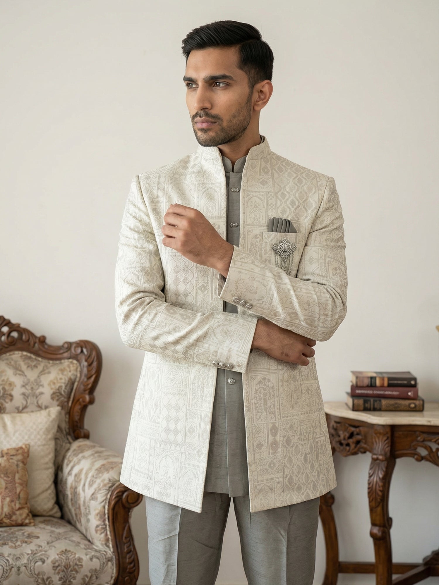DesiQlo Men Self Design Indo Western Set - Beige - 50JIND_162Cream_S