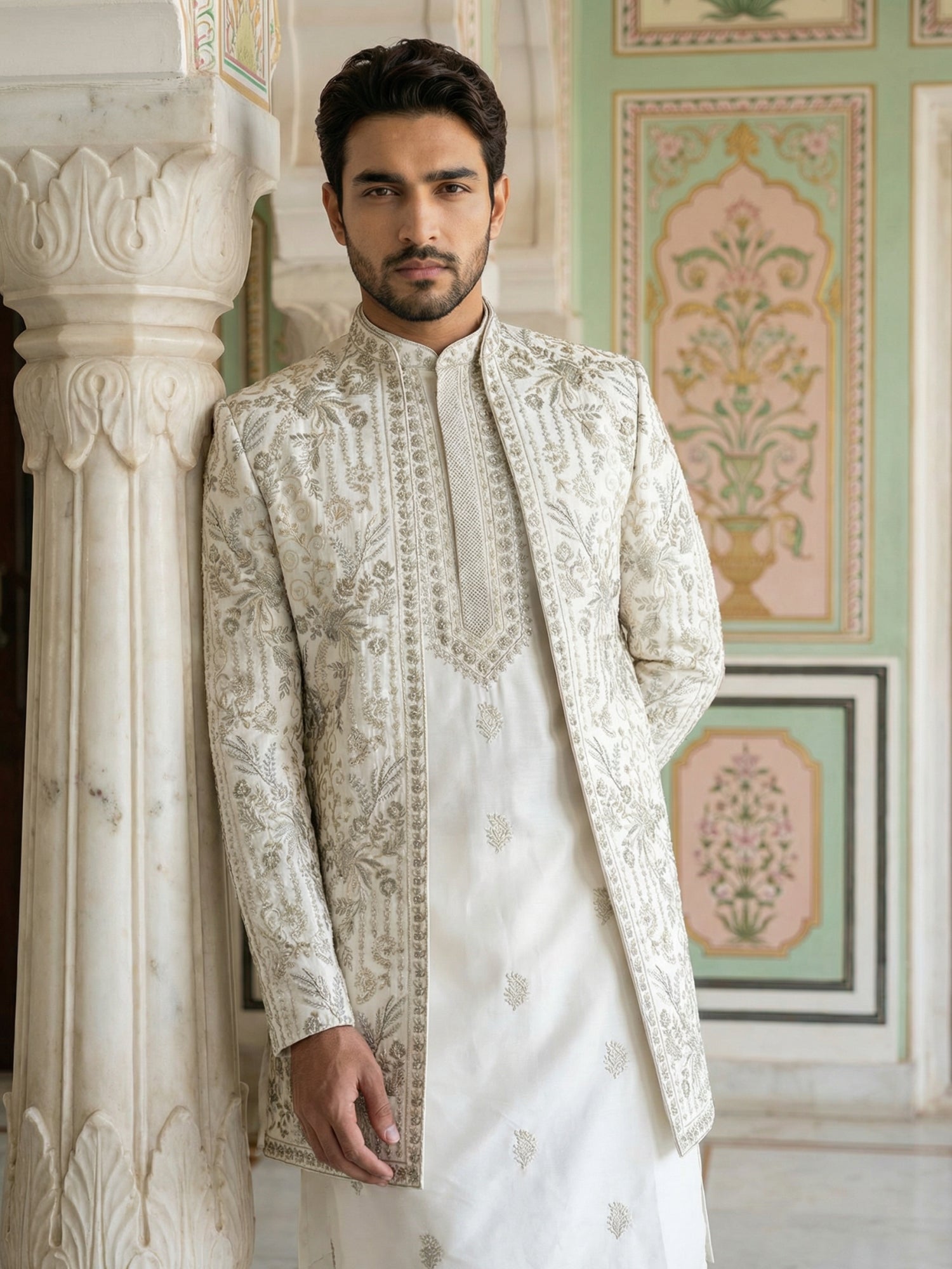 DesiQlo Men Embroidered Indo Western Set - White - 50JIND_163White_S