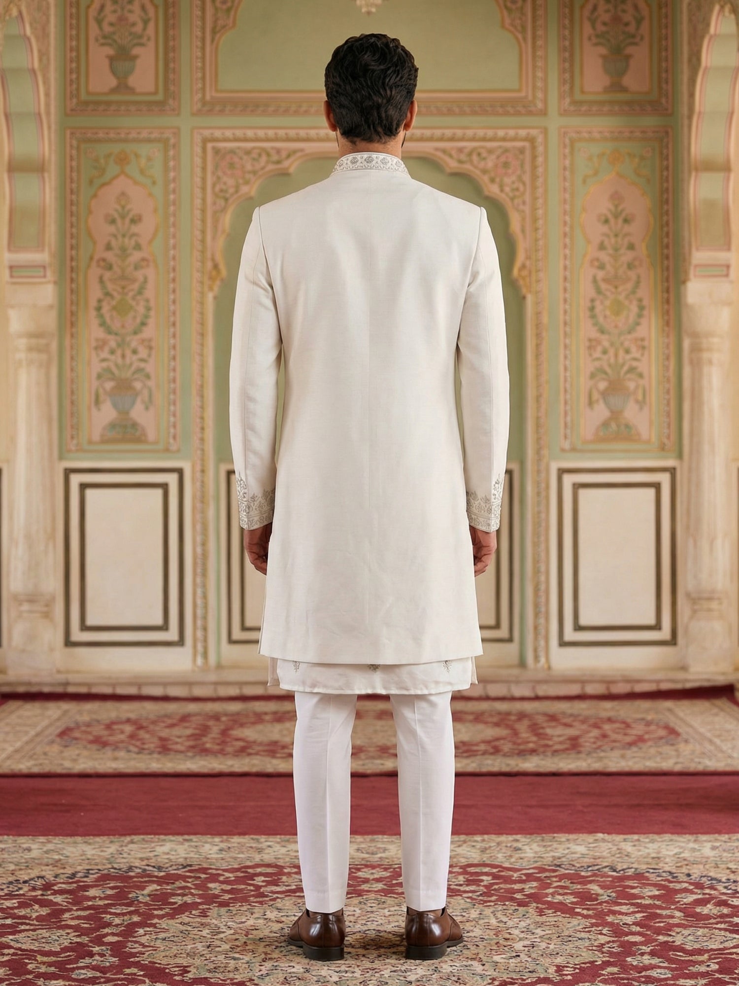 DesiQlo Men Embroidered Indo Western Set - White - 50JIND_163White_S