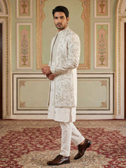 Men’s Embroidered Silk Blend Indo-Western Set ( 50JIND 163White S )