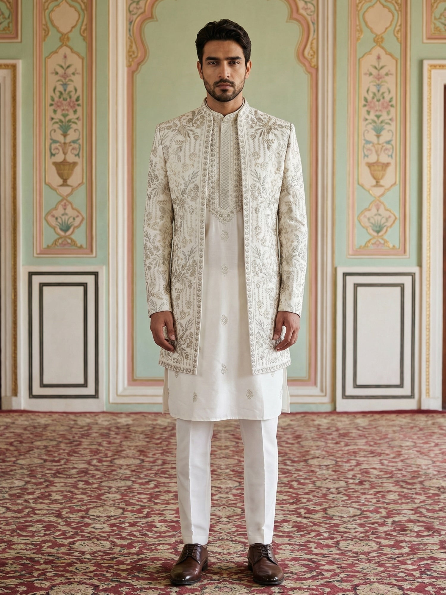 DesiQlo Men Embroidered Indo Western Set - White - 50JIND_163White_S