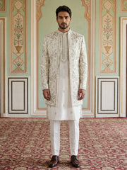 Men’s Embroidered Silk Blend Indo-Western Set ( 50JIND 163White S )