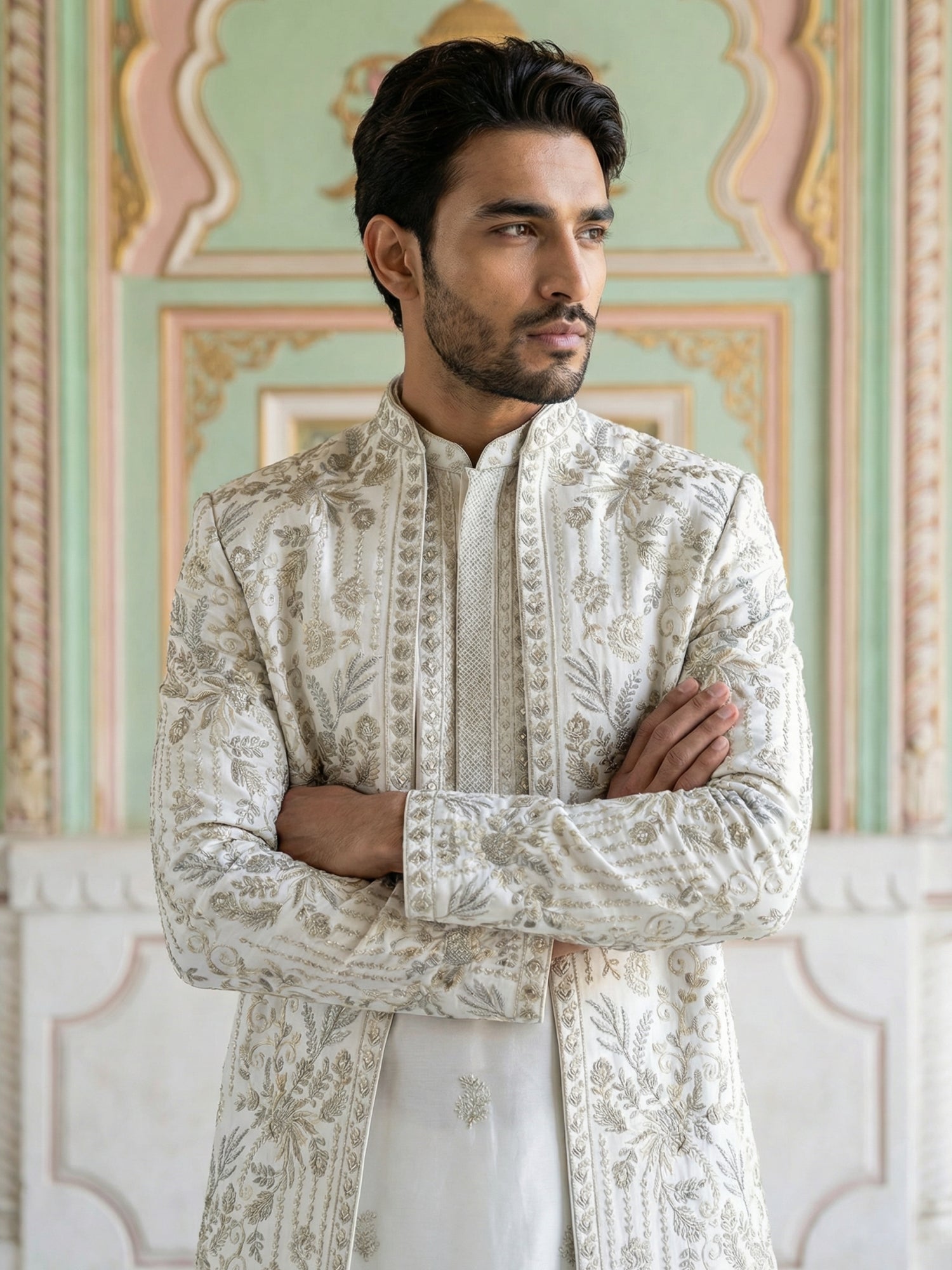 DesiQlo Men Embroidered Indo Western Set - White - 50JIND_163White_S