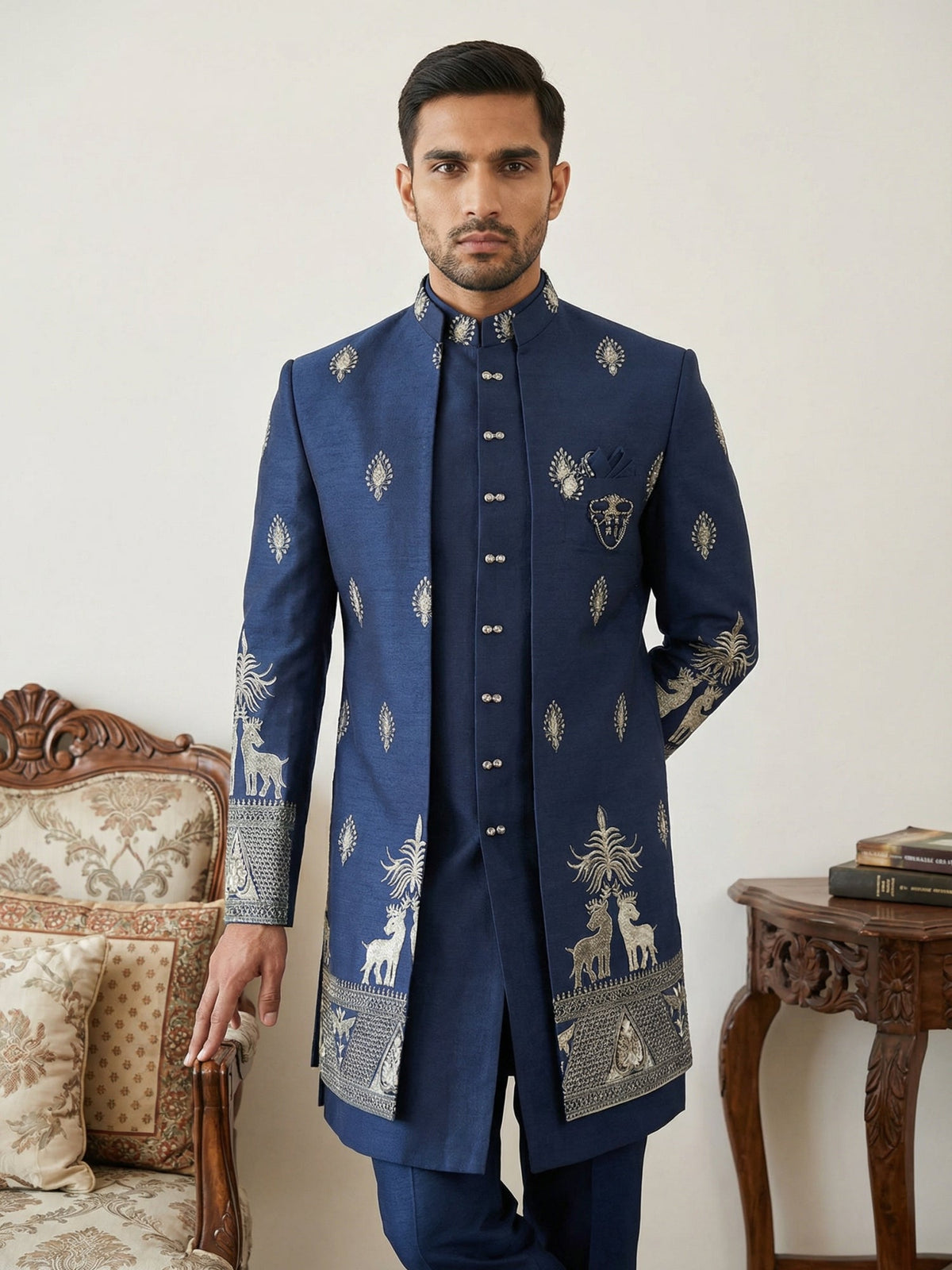 Cotton Blend Embroidered Indo-Western Set ( 50JIND 165Navy S )