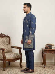 Cotton Blend Embroidered Indo-Western Set ( 50JIND 165Navy S )