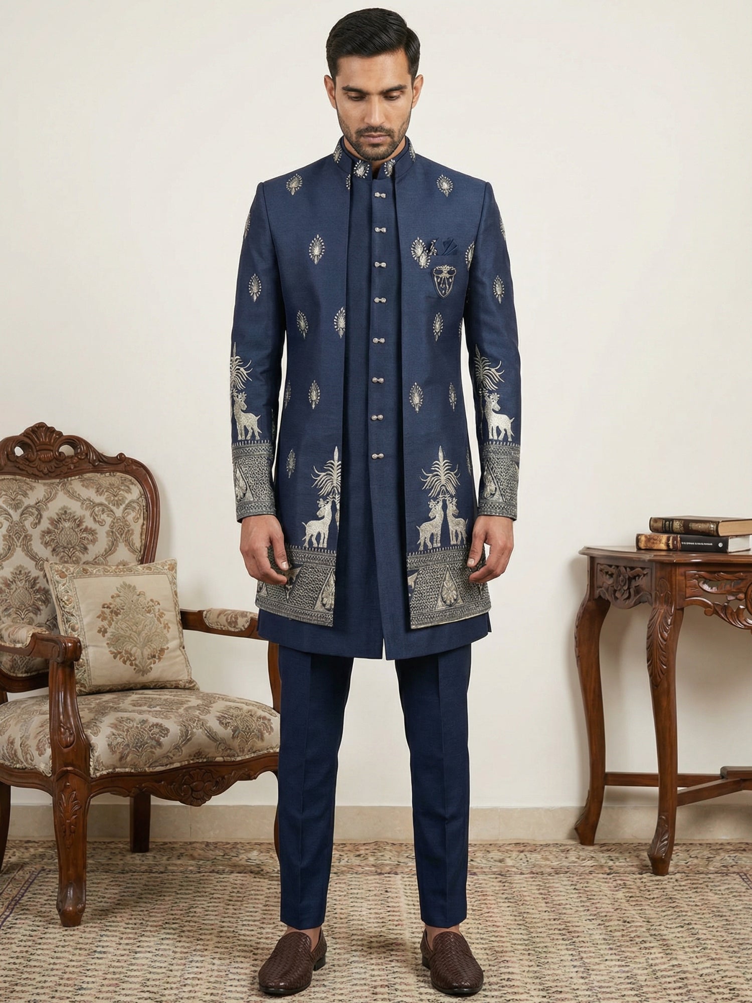 DesiQlo Men Embroidered Indo Western Set - Blue - 50JIND_165Navy_S