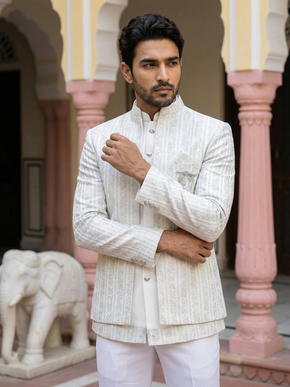 Embroidered Silk Blend Indo-Western Set ( 50JIND 166Cream S )