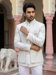 Embroidered Silk Blend Indo-Western Set ( 50JIND 166Cream S )