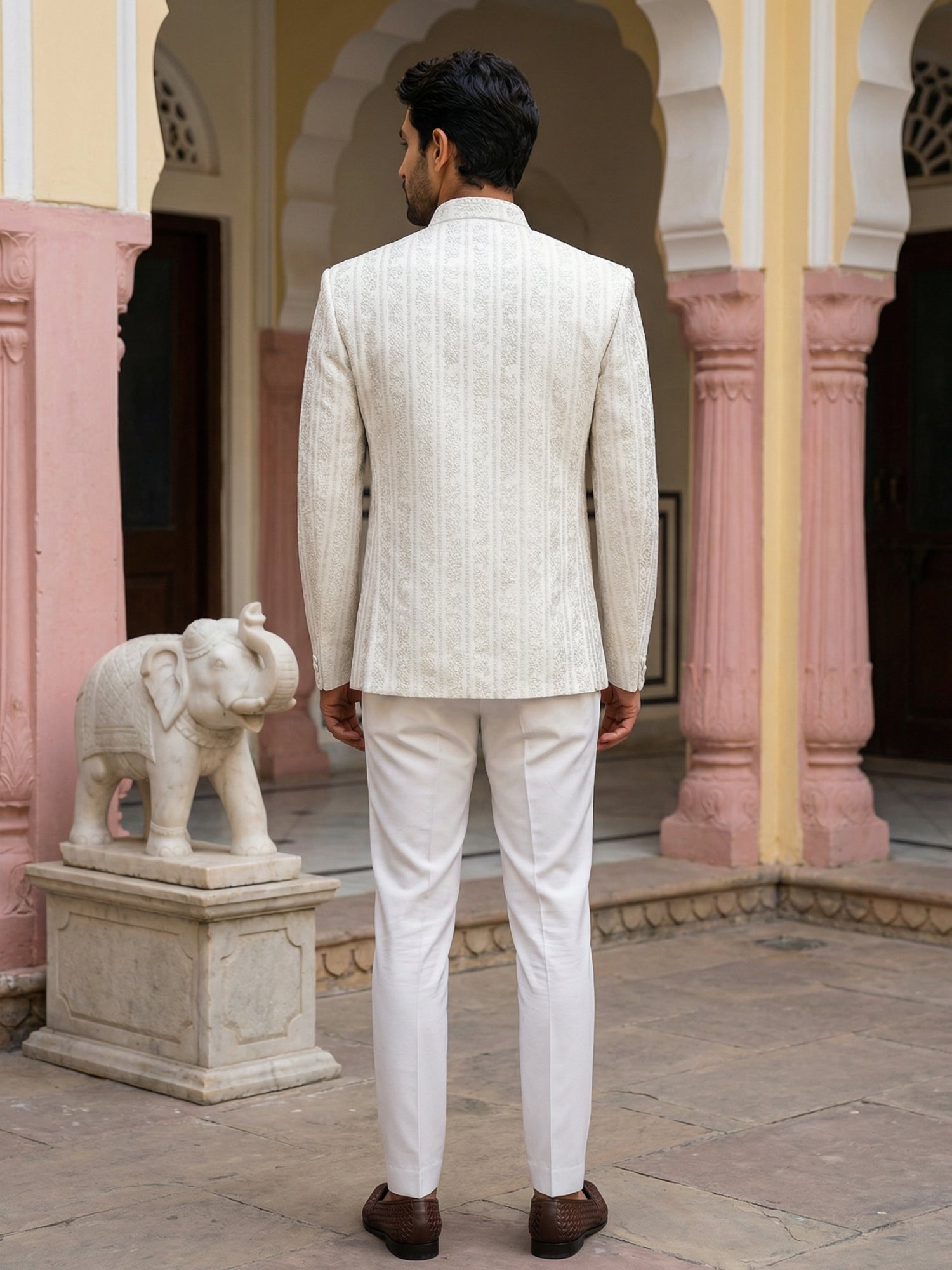 DesiQlo Men Embroidered Indo Western Set - Beige - 50JIND_166Cream_S