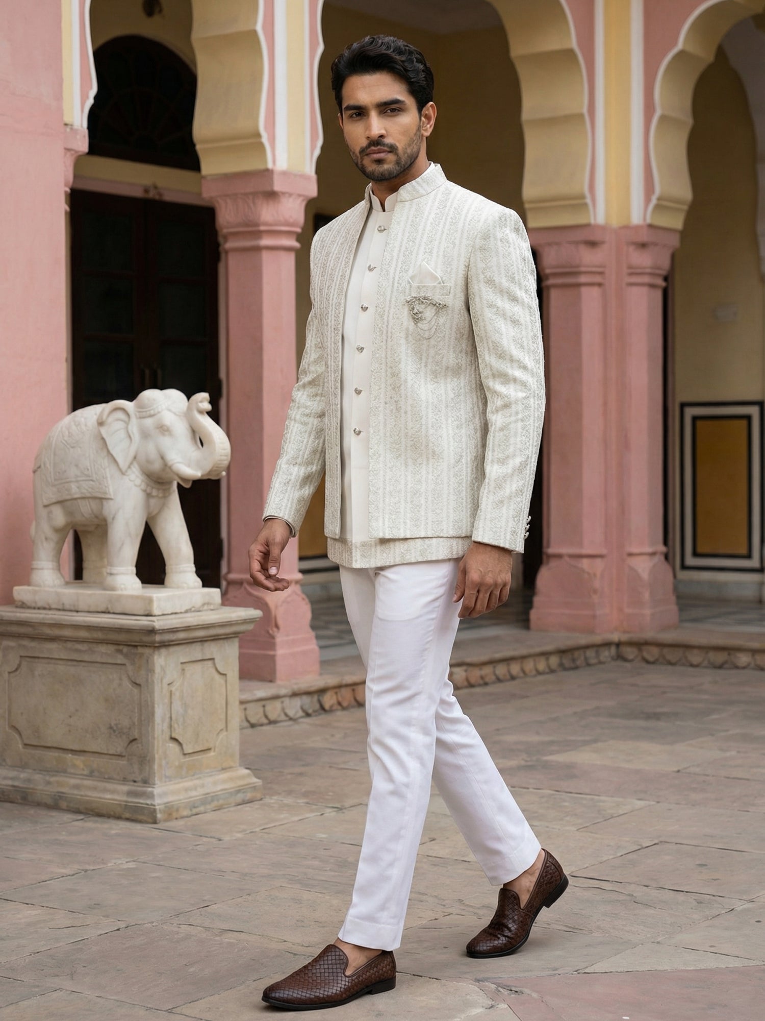 DesiQlo Men Embroidered Indo Western Set - Beige - 50JIND_166Cream_S