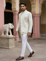 Embroidered Silk Blend Indo-Western Set ( 50JIND 166Cream S )