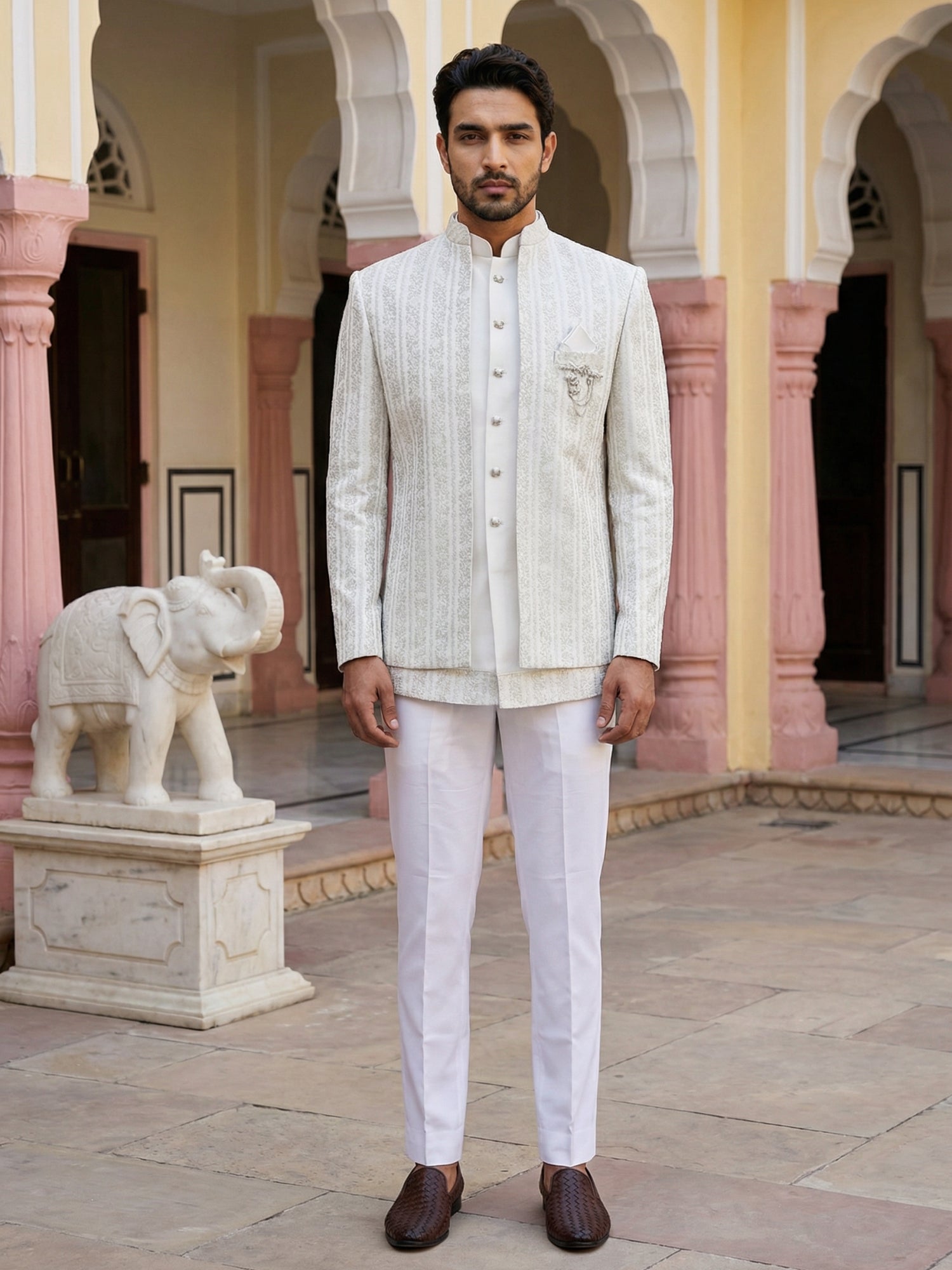 DesiQlo Men Embroidered Indo Western Set - Beige - 50JIND_166Cream_S