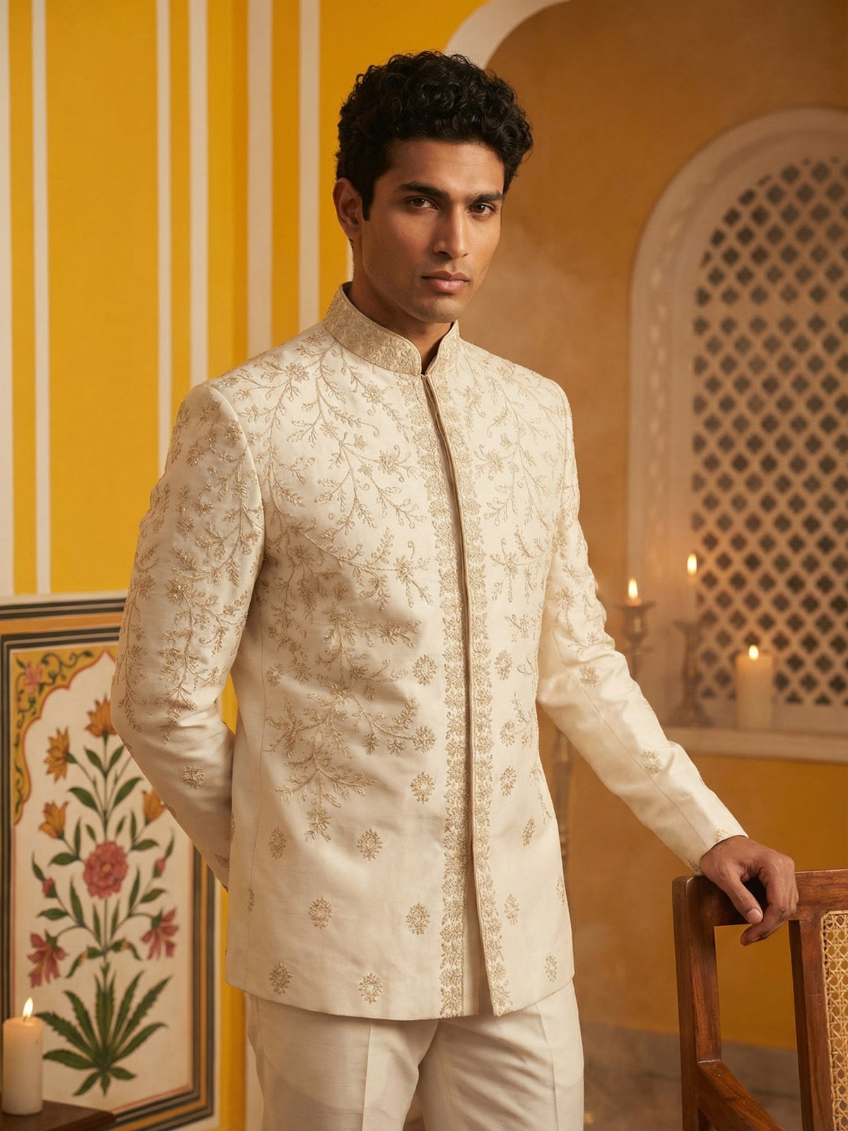 Japanese Embroidered Indo-Western Set ( 50JIND 167Cream S )