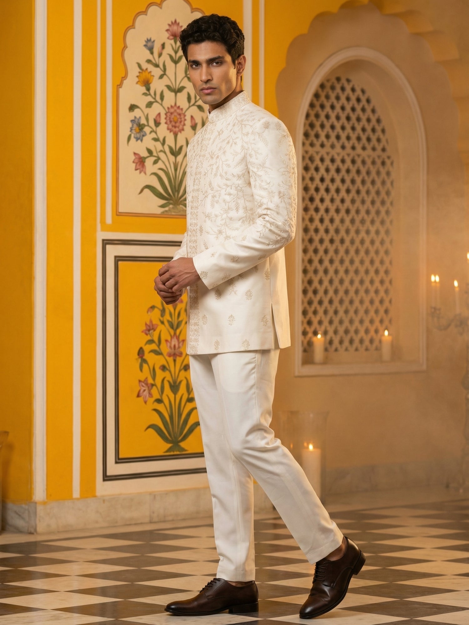 DesiQlo Men Embroidered Indo Western Set - Beige - 50JIND_167Cream_S