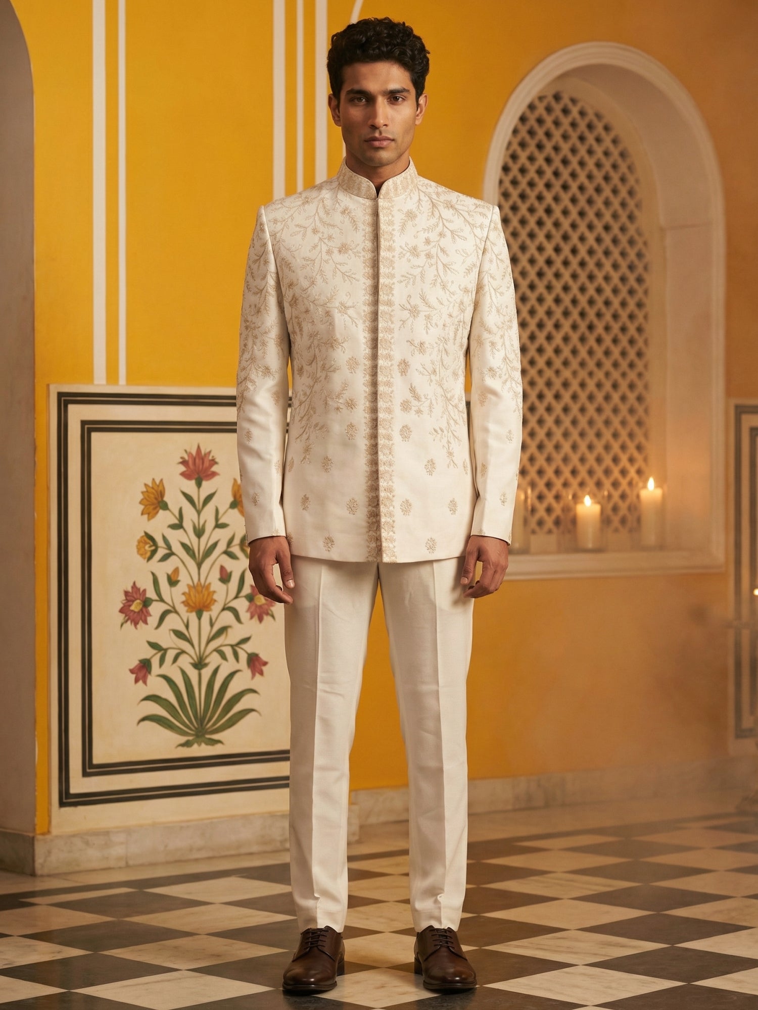 DesiQlo Men Embroidered Indo Western Set - Beige - 50JIND_167Cream_S