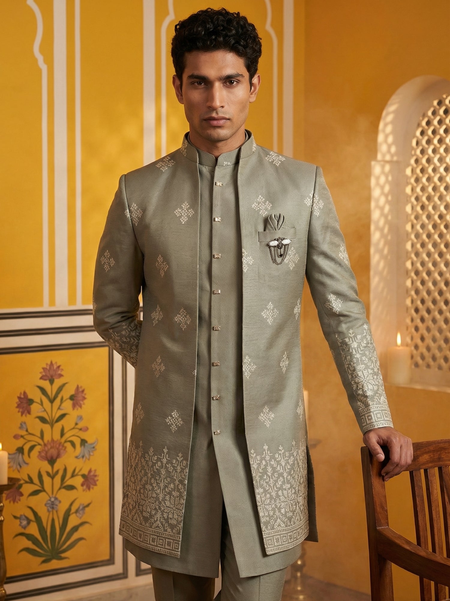 DesiQlo Men Self Design Indo Western Set - Grey - 50JIND_169Grey_S