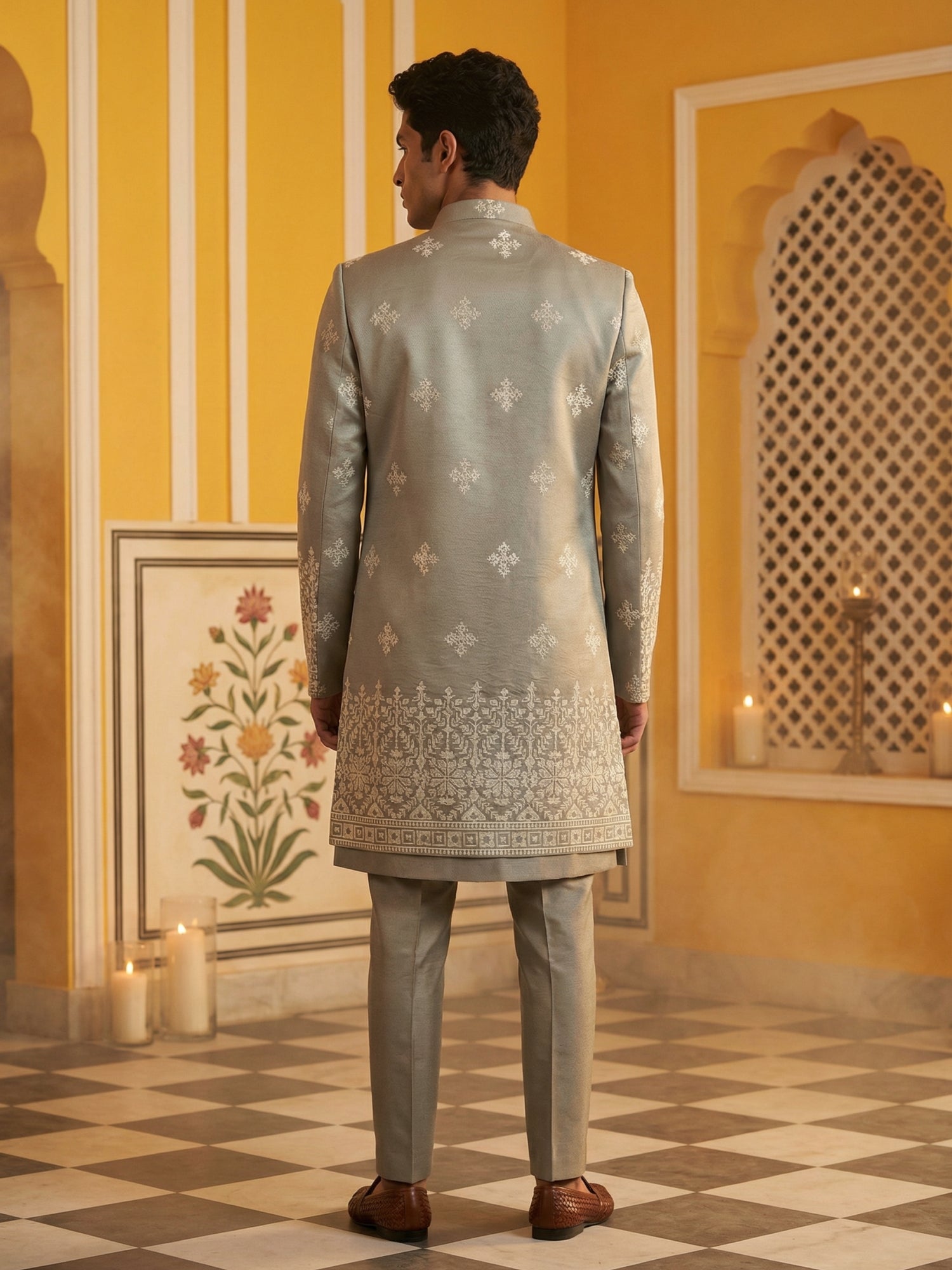 DesiQlo Men Self Design Indo Western Set - Grey - 50JIND_169Grey_S