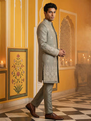 Woven Design Cotton Blend Indo-Western Set ( 50JIND 169Grey S )