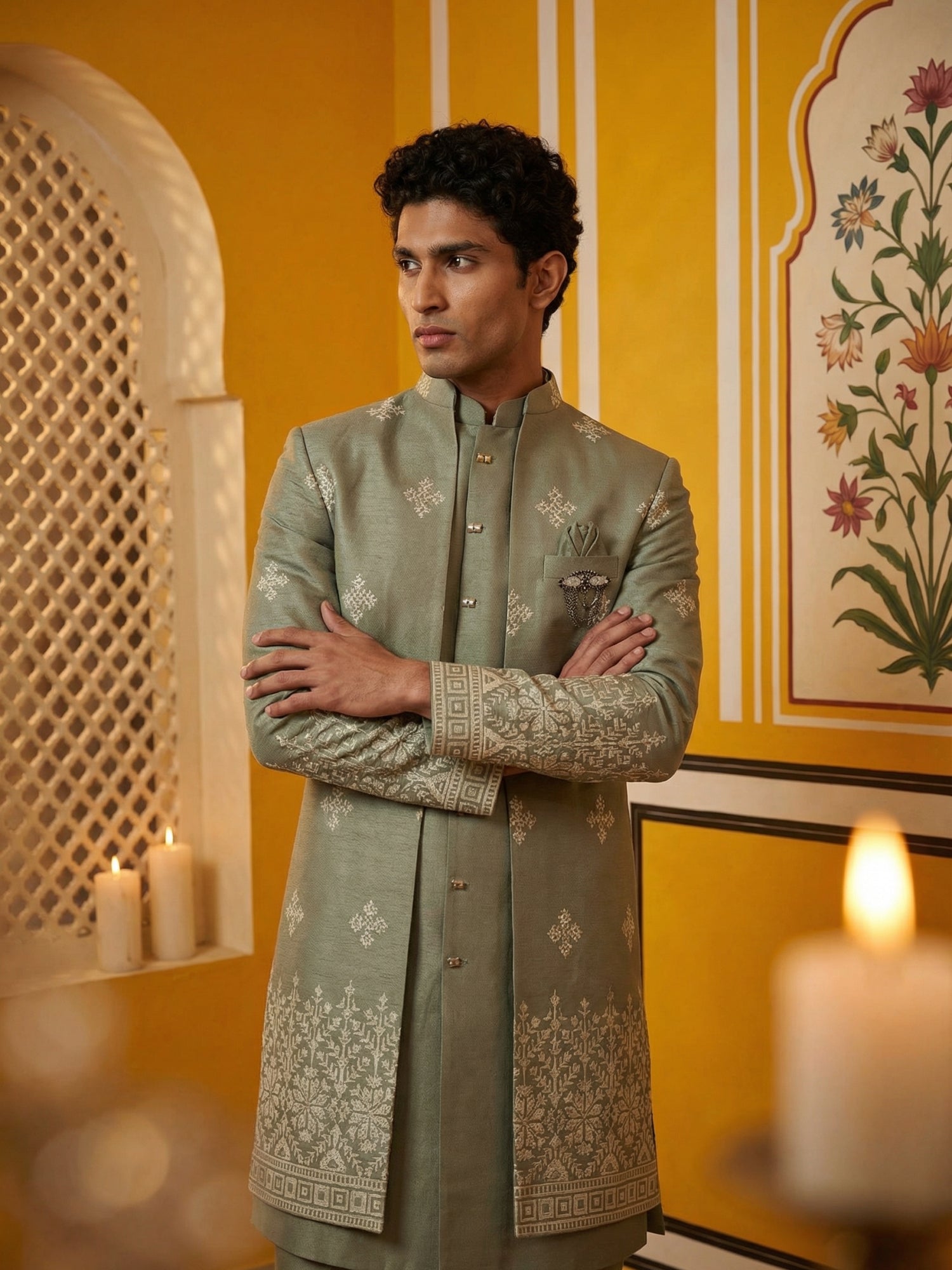 DesiQlo Men Self Design Indo Western Set - Grey - 50JIND_169Grey_S