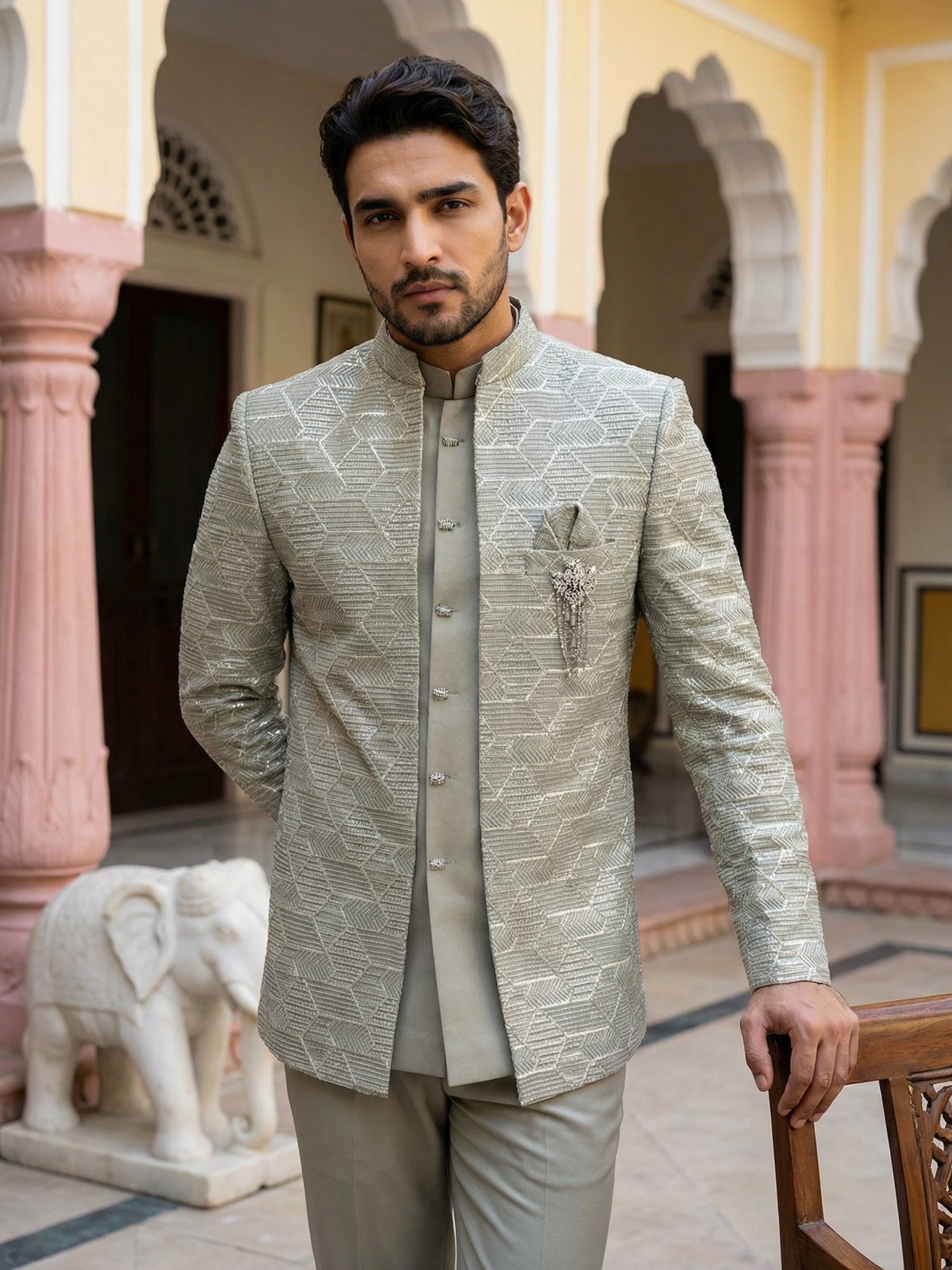 DesiQlo Men Embroidered Indo Western Set - Green - 50JIND_170Pista_S