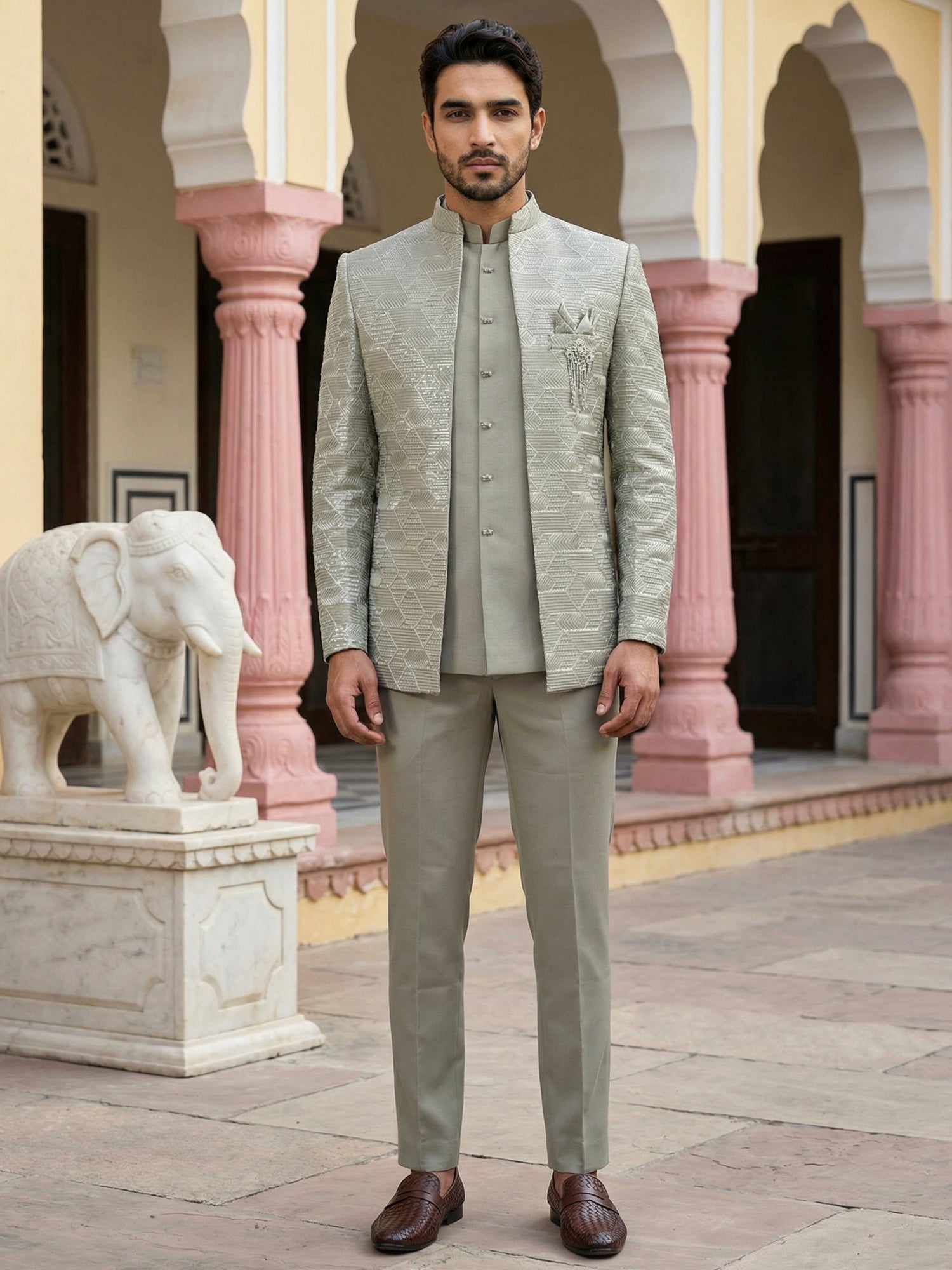 DesiQlo Men Embroidered Indo Western Set - Green - 50JIND_170Pista_S