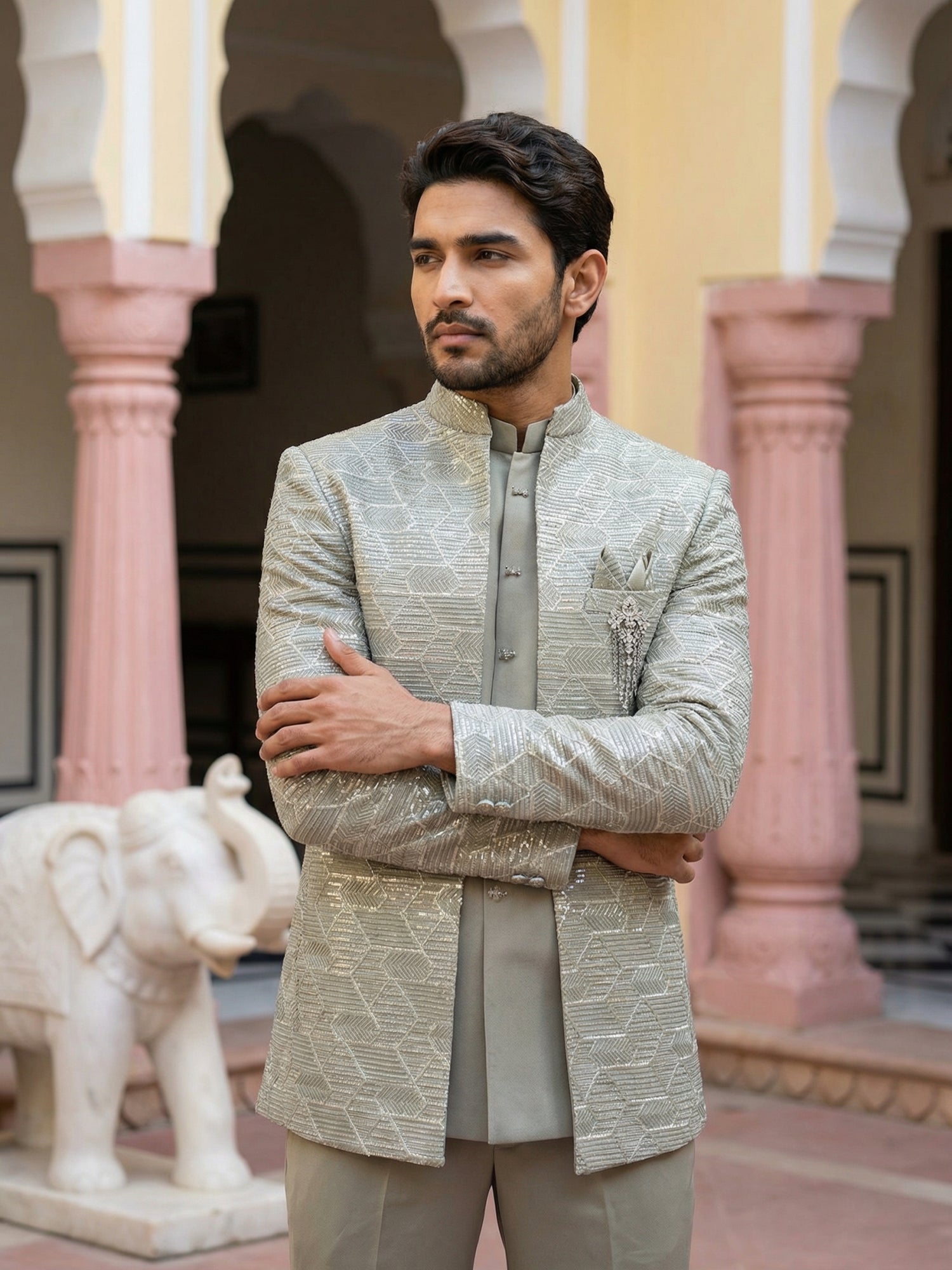 DesiQlo Men Embroidered Indo Western Set - Green - 50JIND_170Pista_S