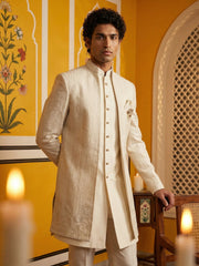 Ivory Silk Blend Embroidered Indo-Western Set ( 50JIND 172Off-White S )